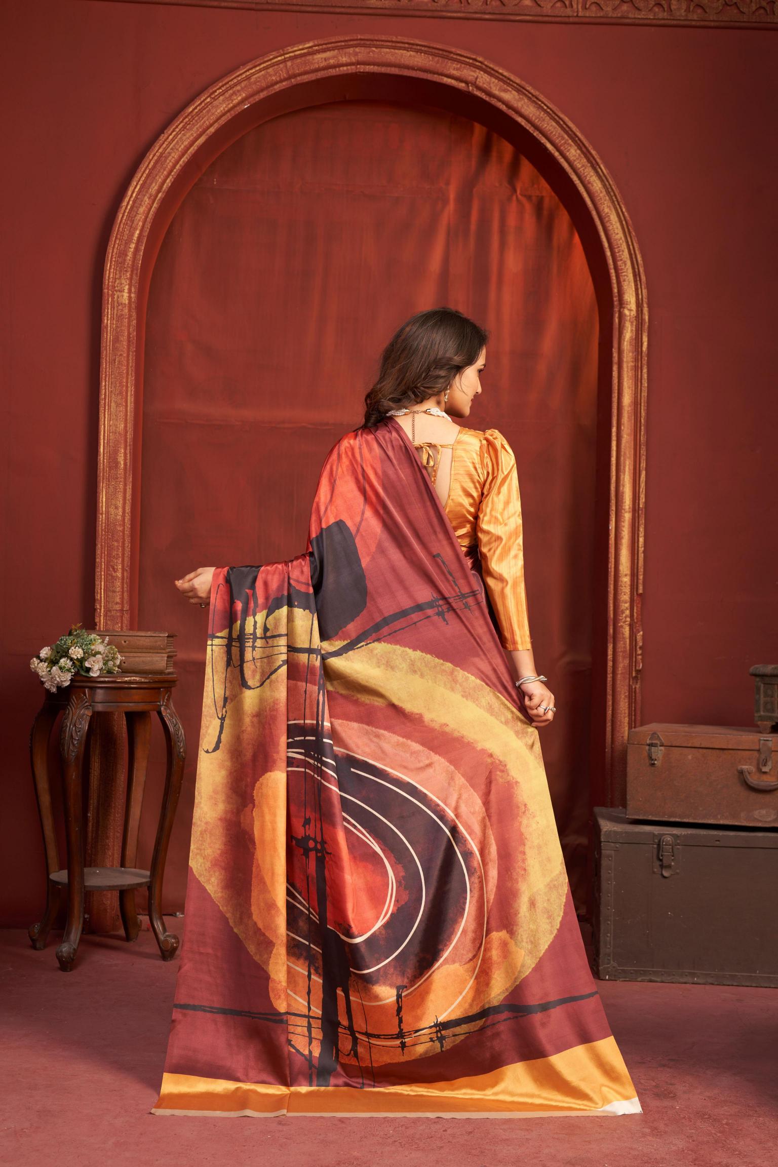 Orange Multi Malai Crepe Silk Saree — alternate view