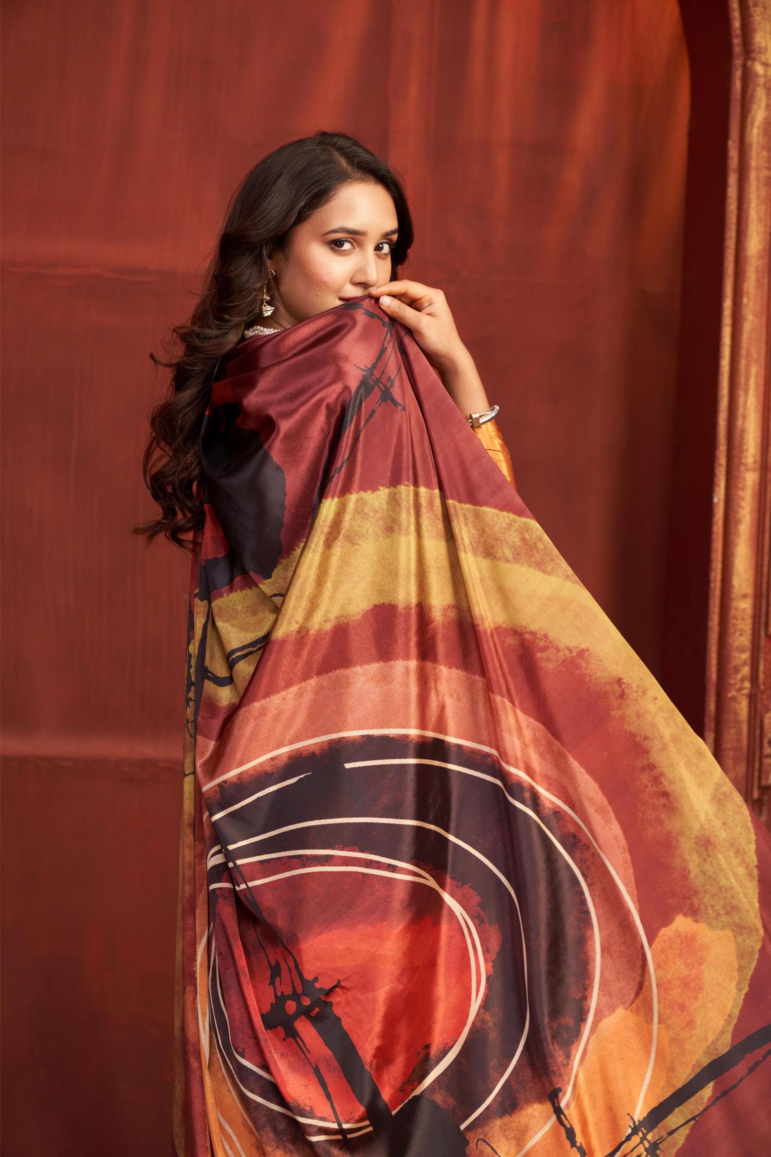 Orange Multi Malai Crepe Silk Saree