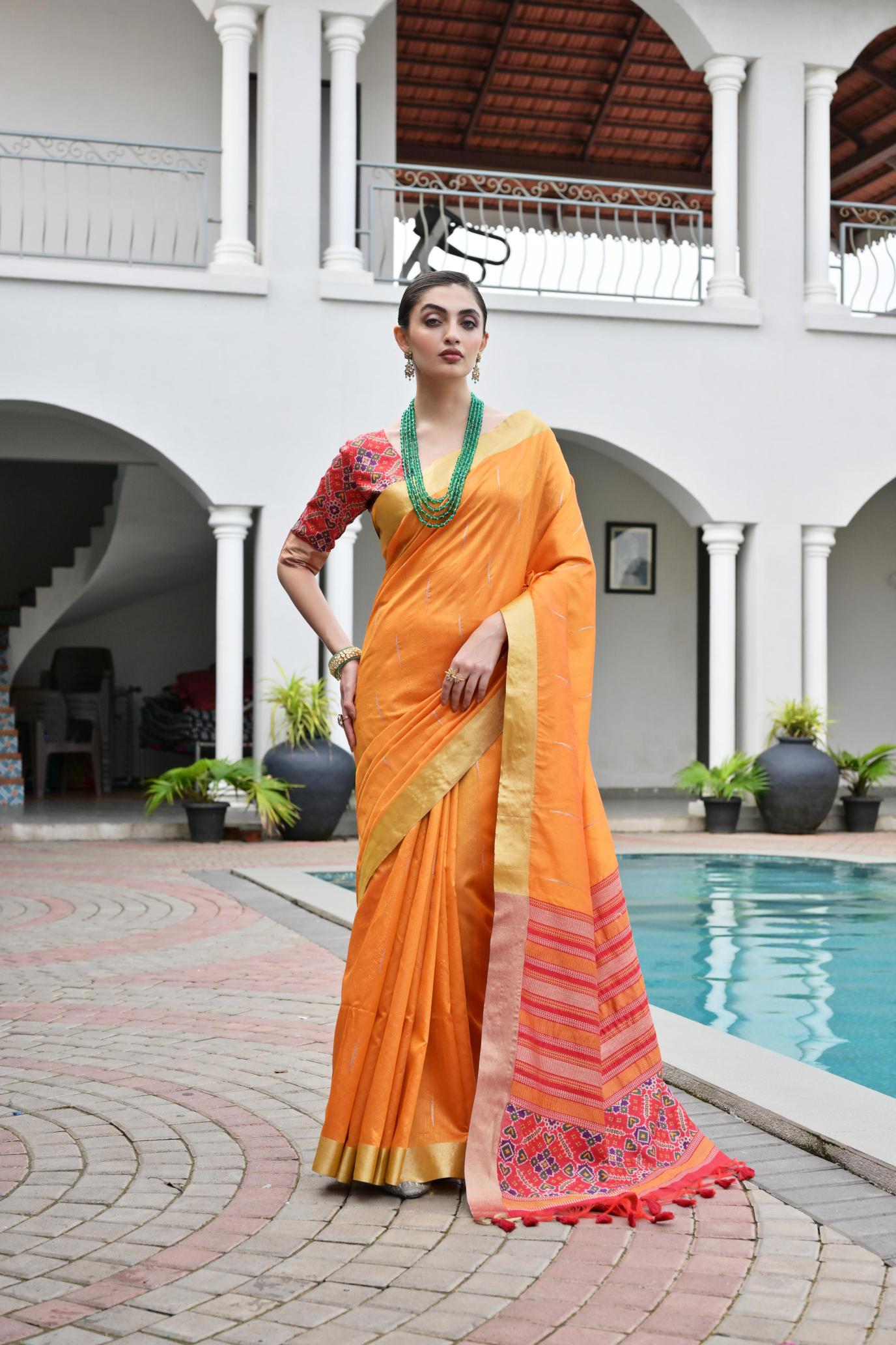 Orange Multy Khadi Raw Silk Saree