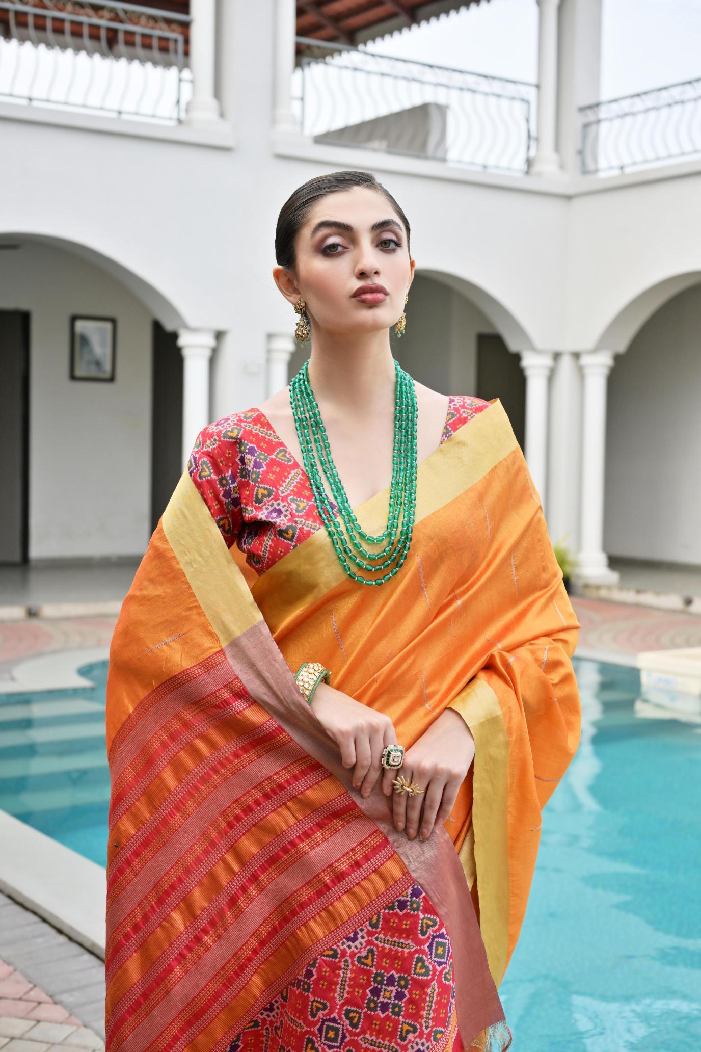 Orange Multy Khadi Raw Silk Saree