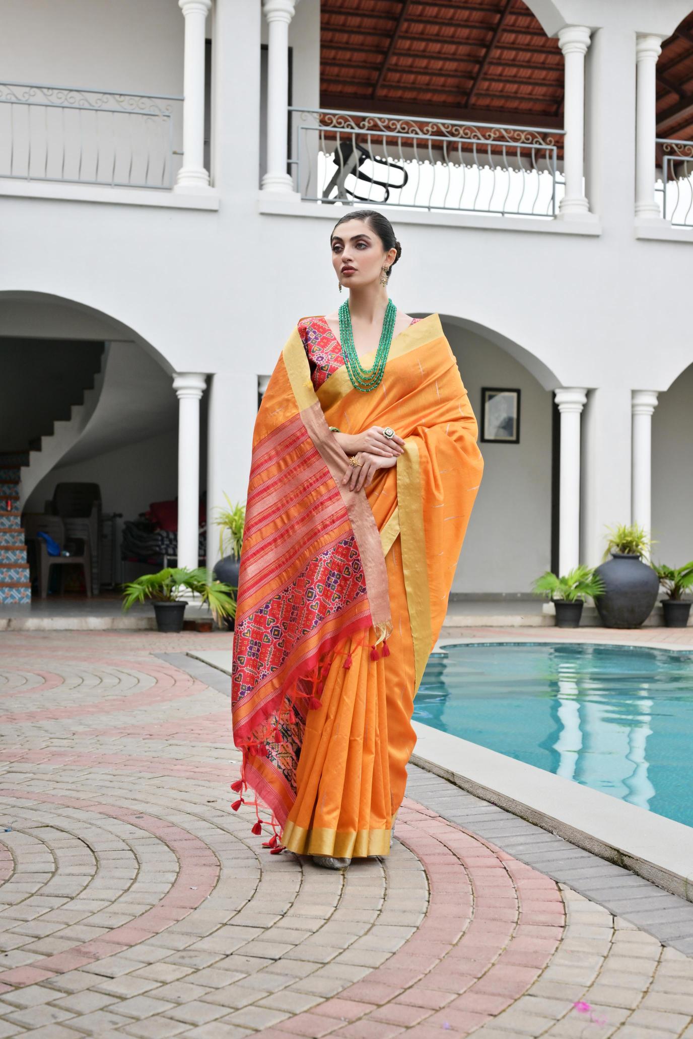 Orange Multy Khadi Raw Silk Saree