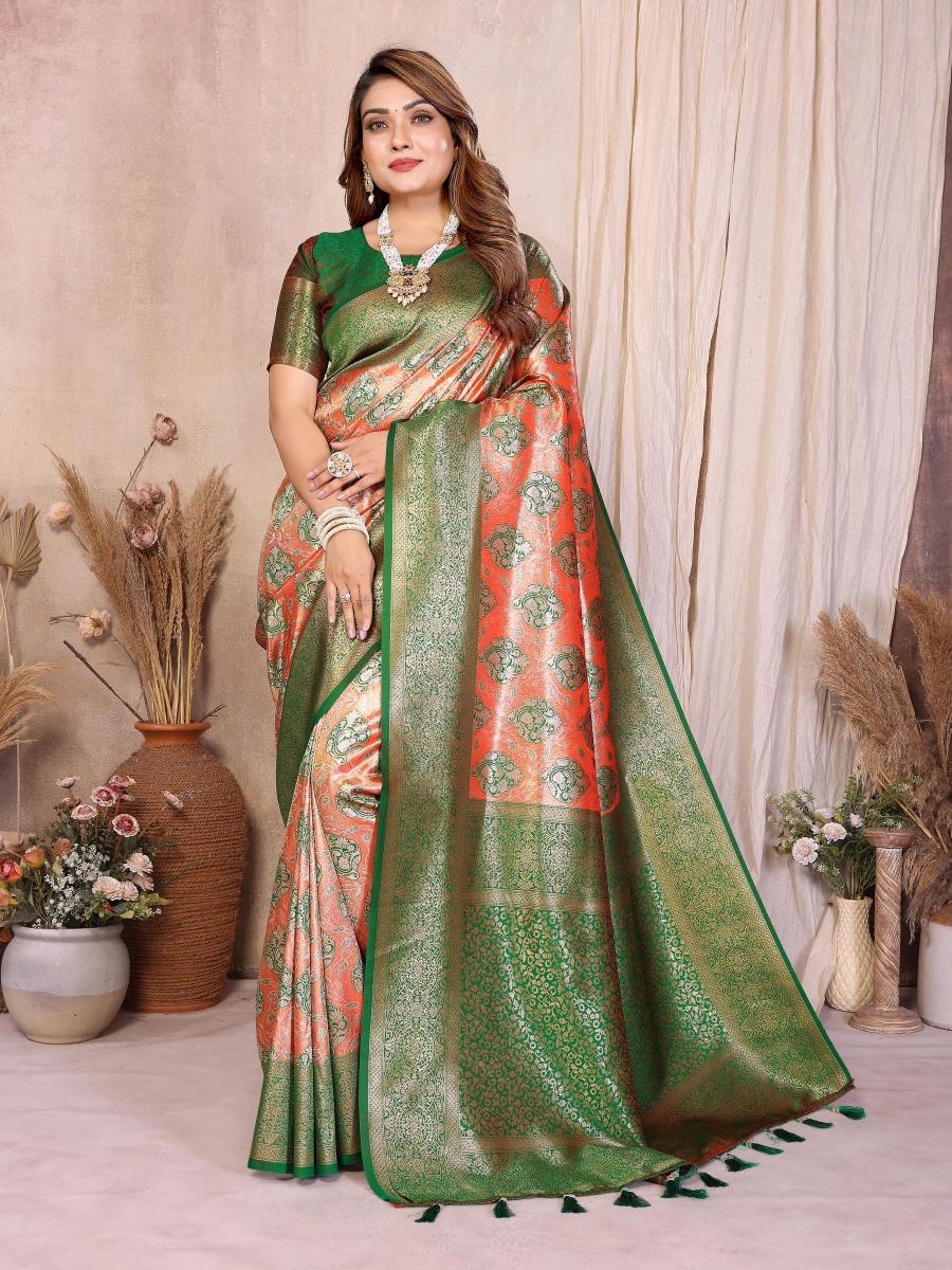 Orange N Green Banarasi Tissue Silk Saree