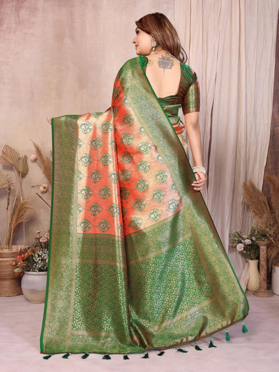 Orange N Green Banarasi Tissue Silk Saree — alternate view