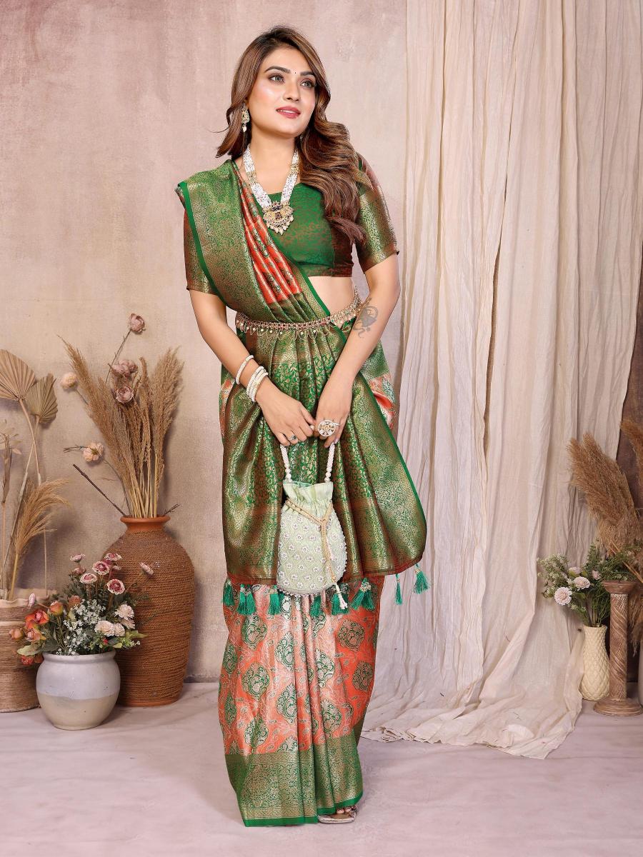 Orange N Green Banarasi Tissue Silk Saree