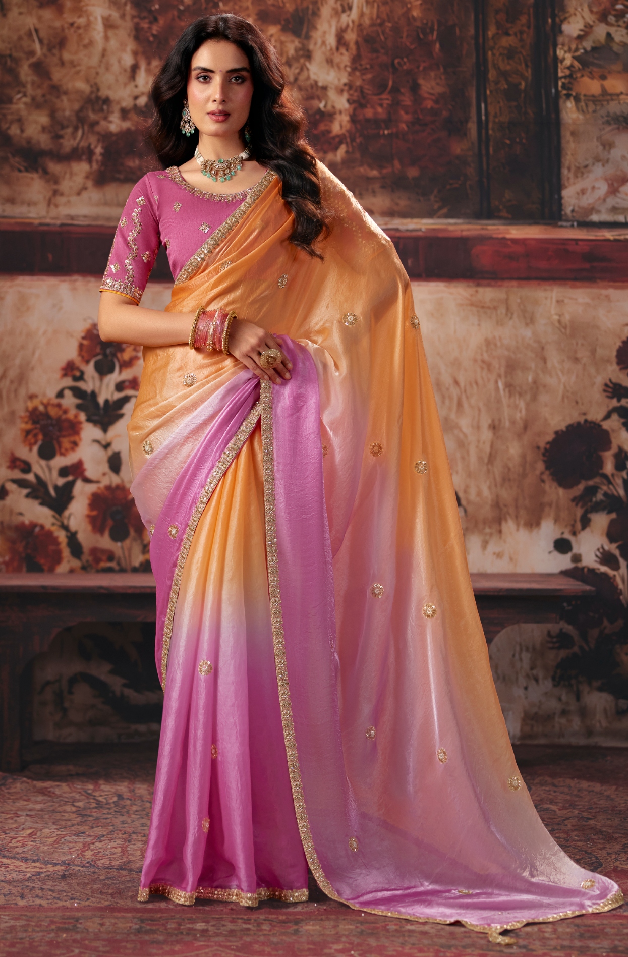 Orange N Pink Hand Work Fendy Satin Saree