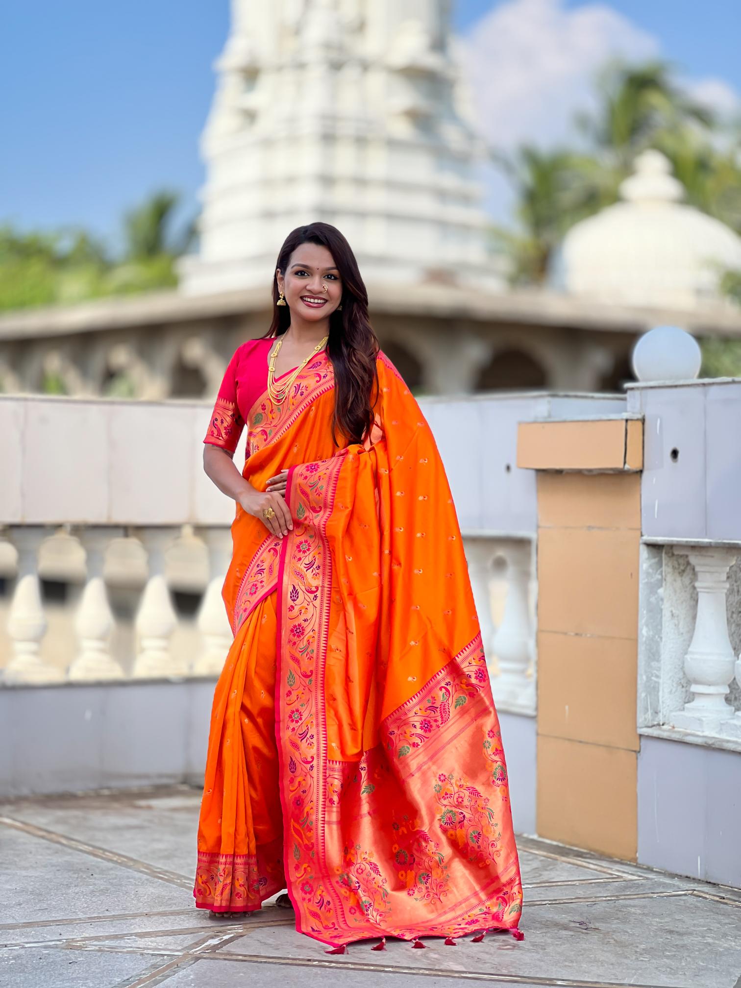 Orange N Red Paithani Silk Saree