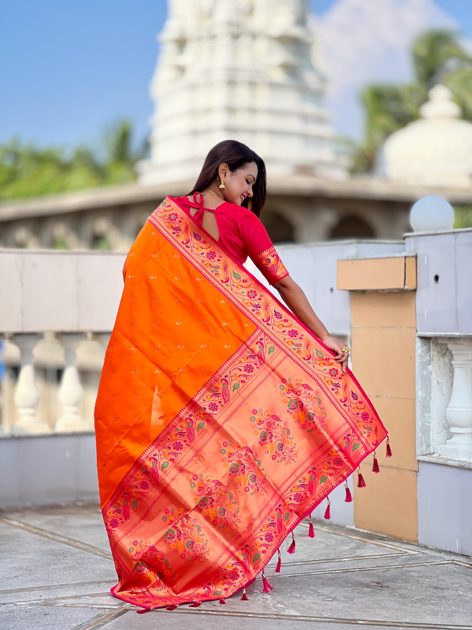 Orange N Red Paithani Silk Saree — alternate view