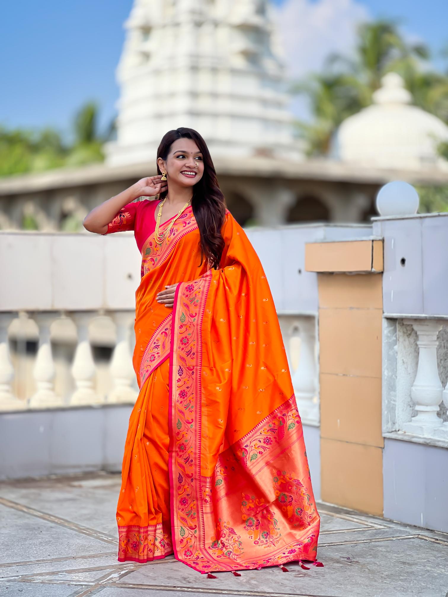 Orange N Red Paithani Silk Saree