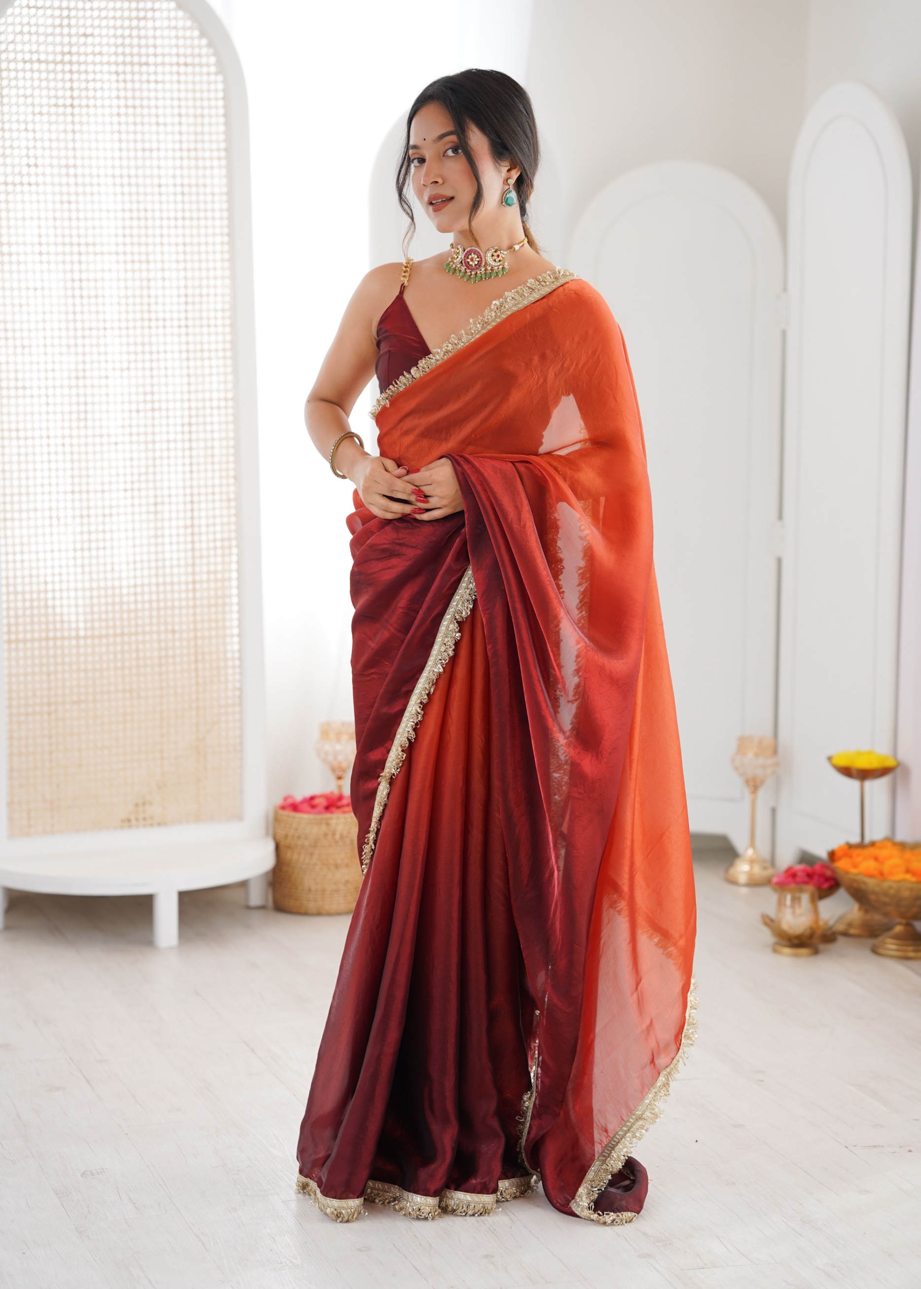 Orange Ombre Lace Fendy Satin Saree