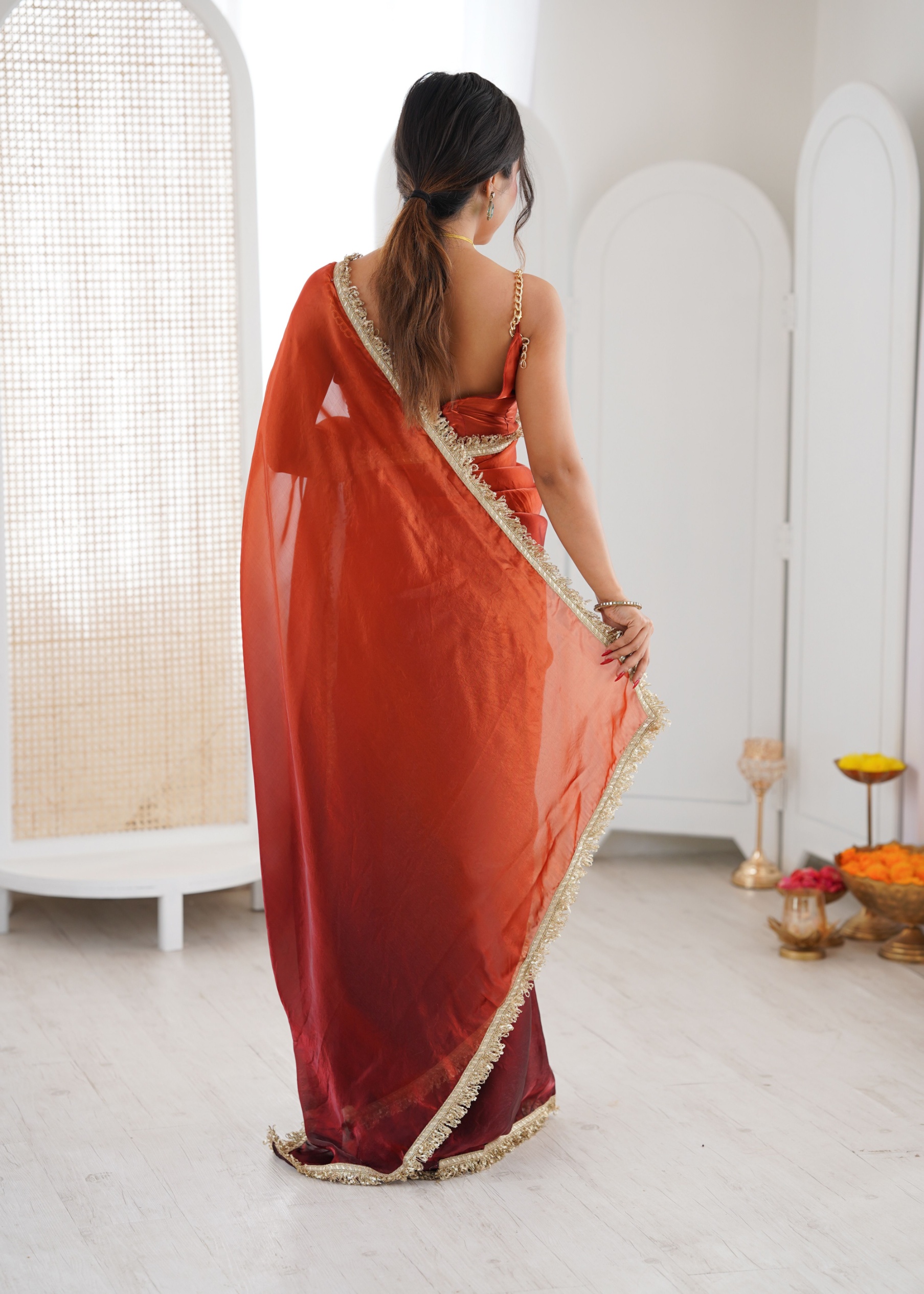 Orange Ombre Lace Fendy Satin Saree — alternate view