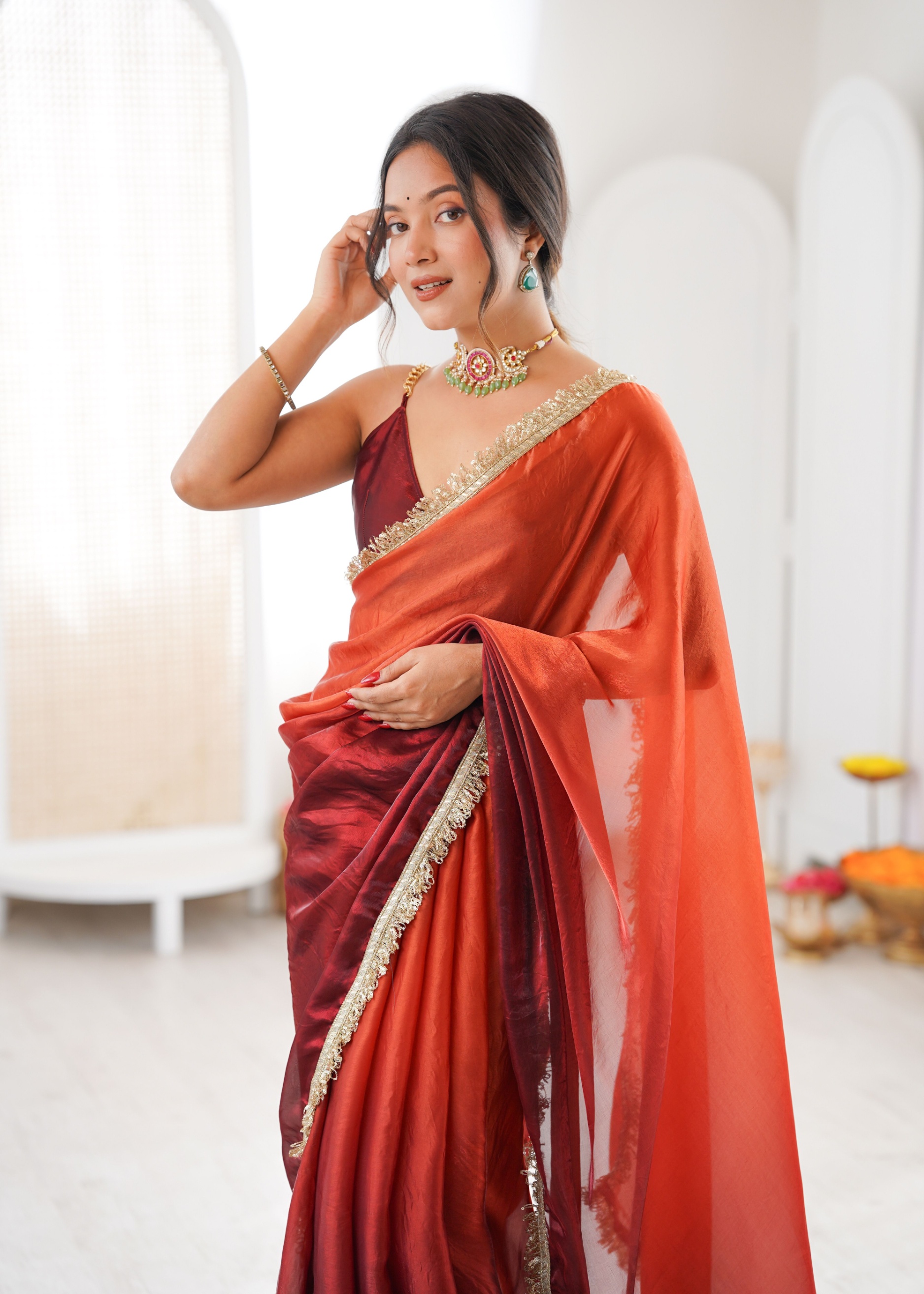 Orange Ombre Lace Fendy Satin Saree