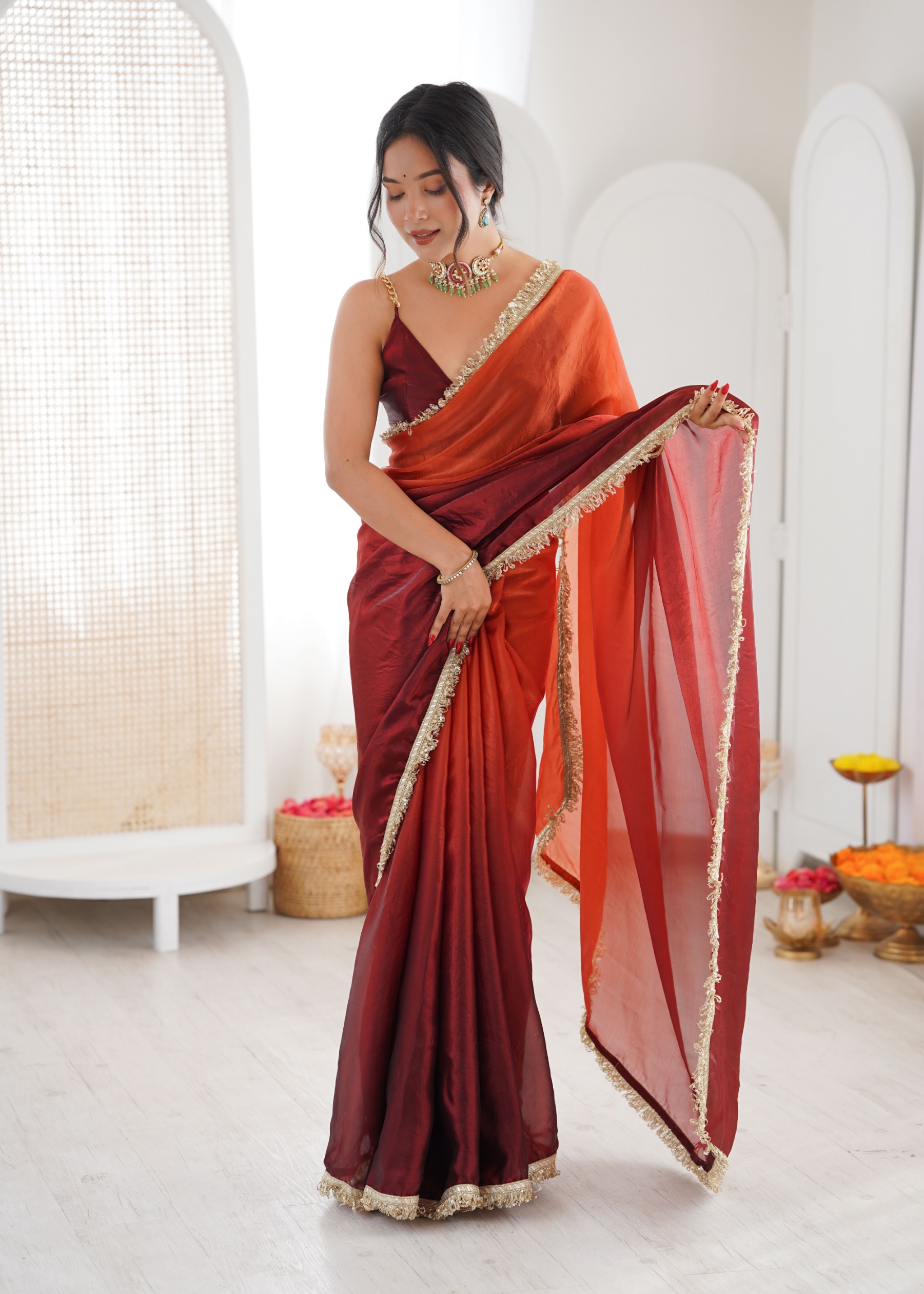 Orange Ombre Lace Fendy Satin Saree