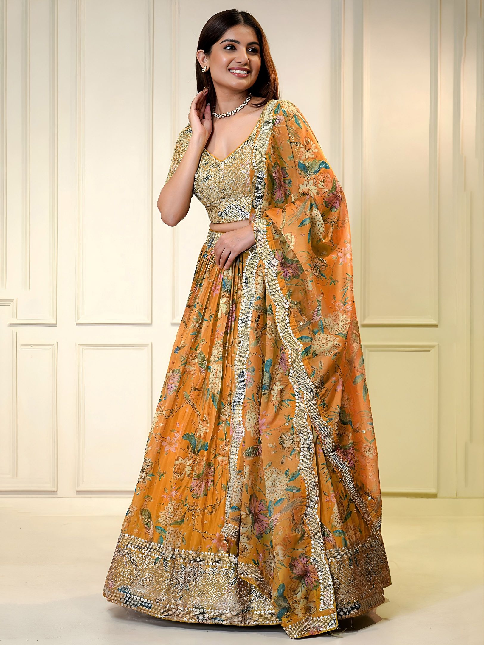 Orange Organza Digital Printed Sequins Zari Embroidered Lehenga Choli