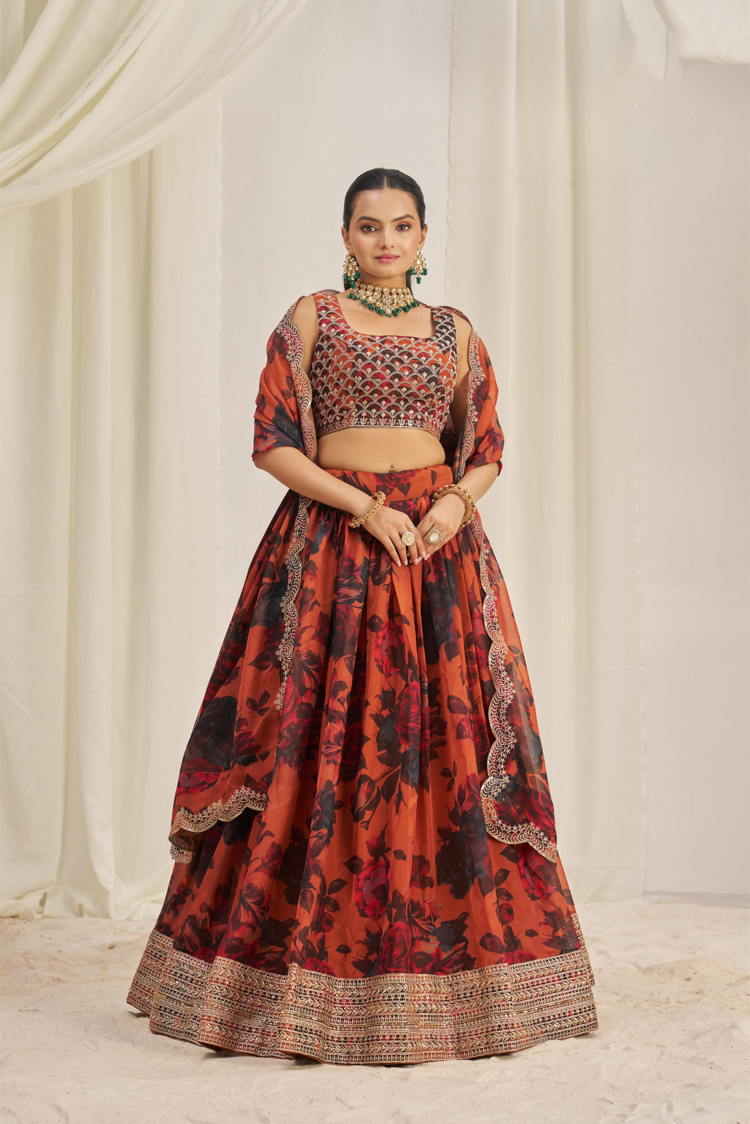 Orange Organza Printed Lehenga