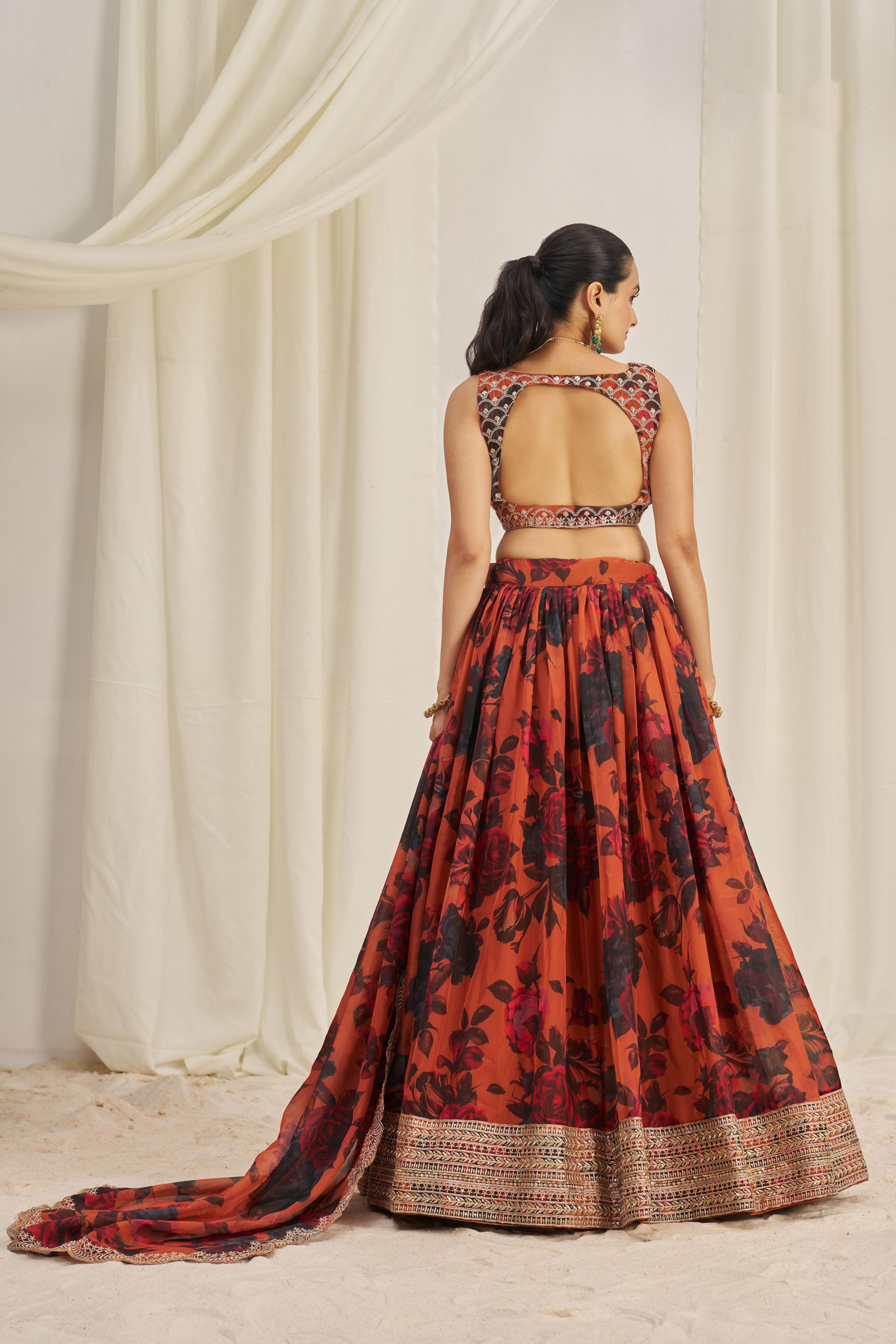 Orange Organza Printed Lehenga — alternate view