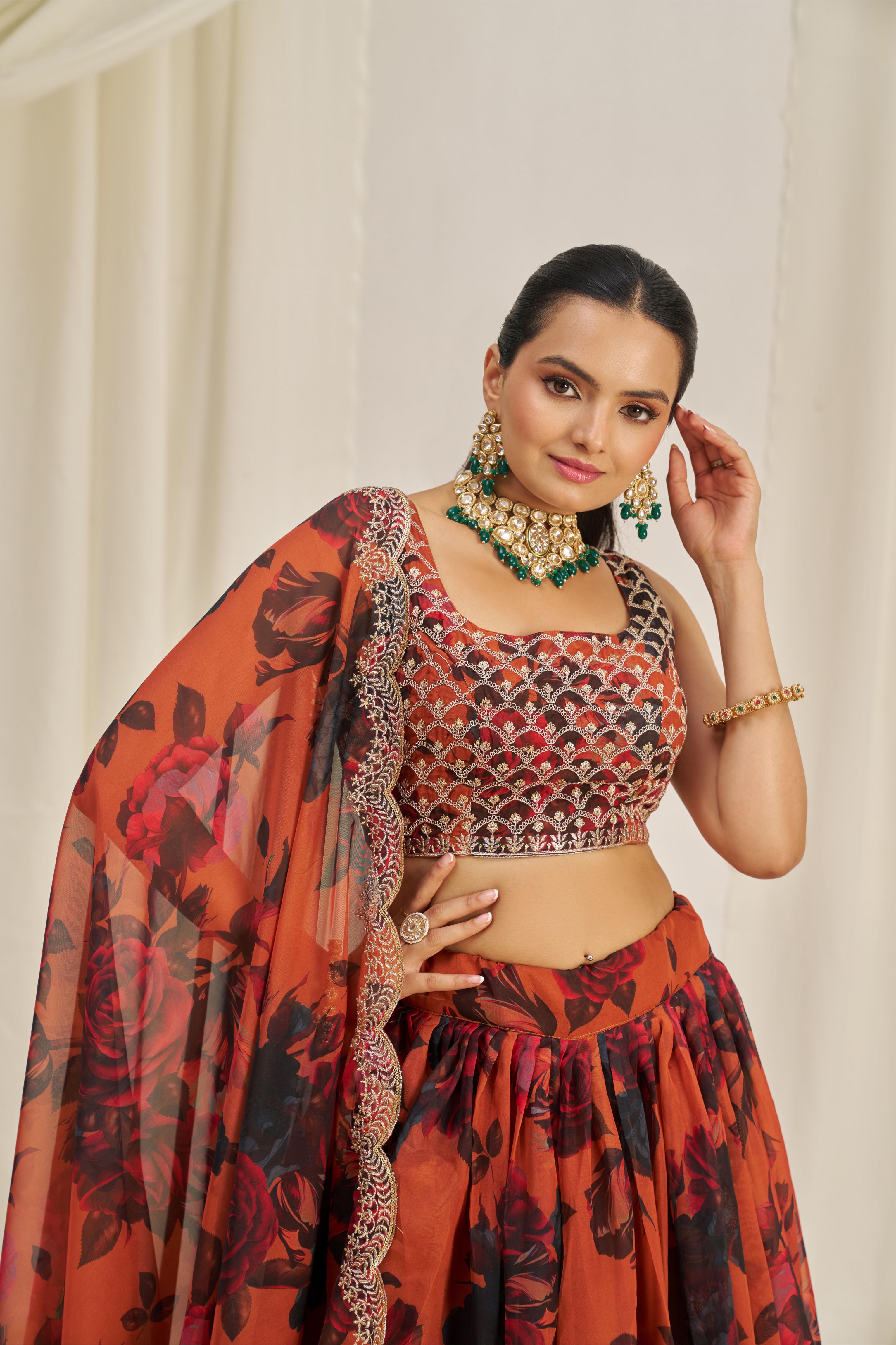 Orange Organza Printed Lehenga