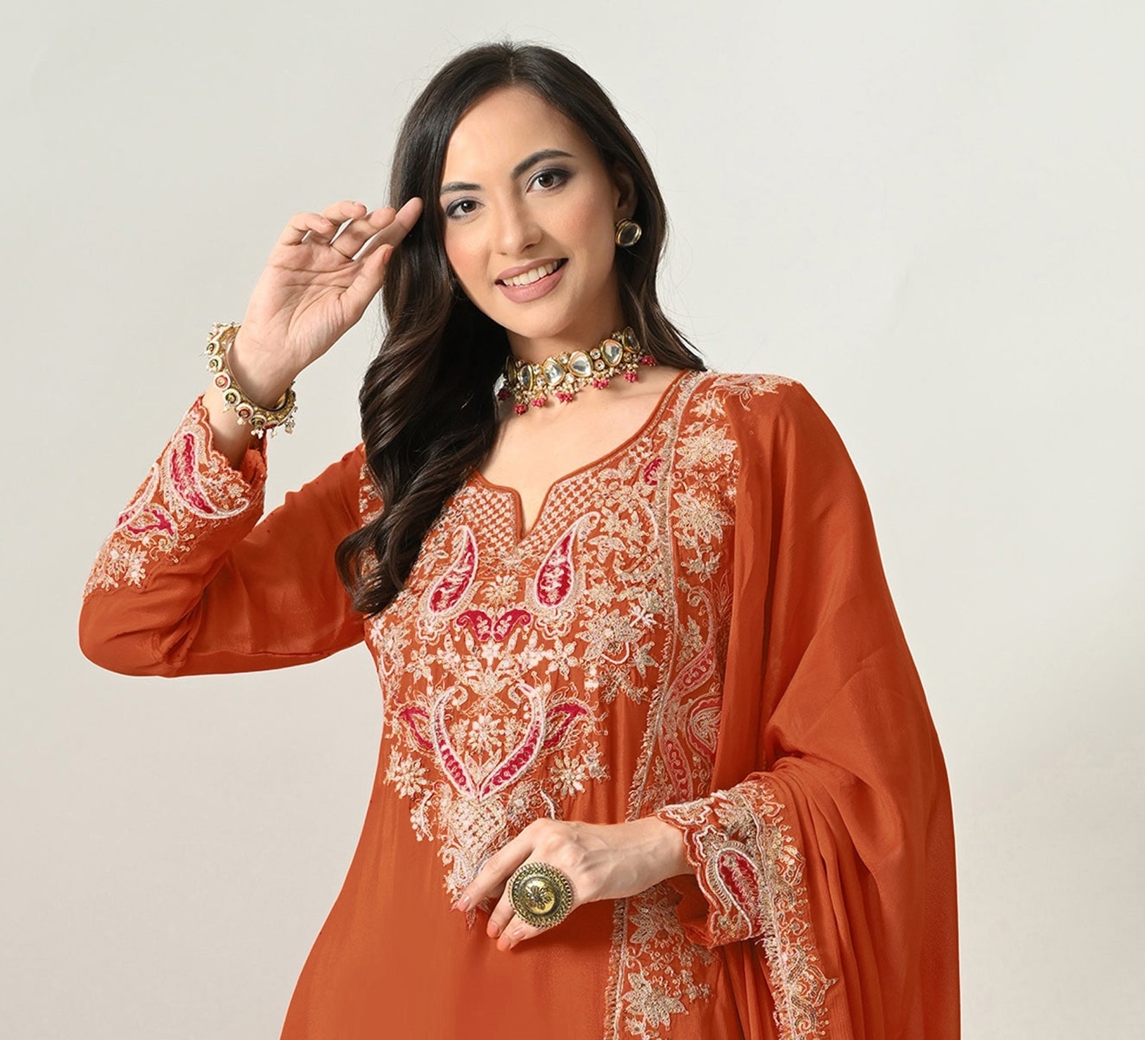 Orange Paisley Embroidery Chinon Sharara Suit — alternate view