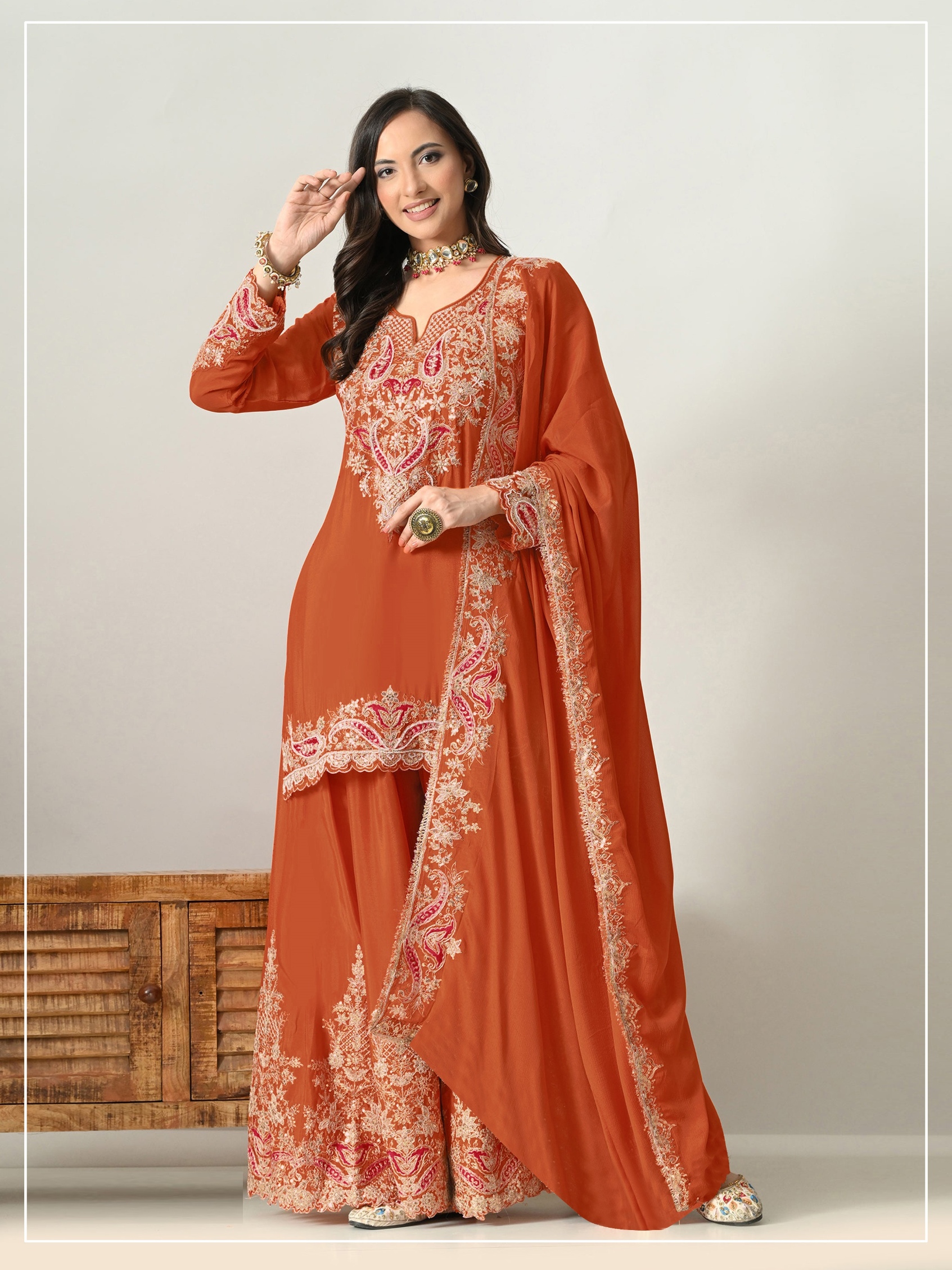 Orange Paisley Embroidery Chinon Sharara Suit
