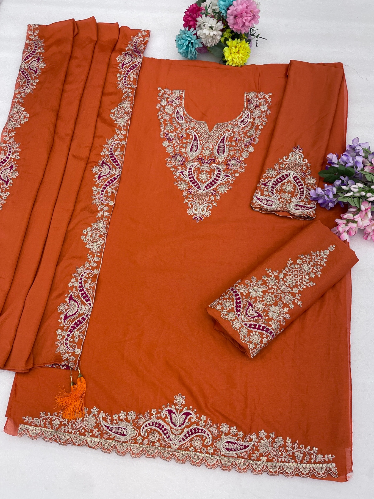 Orange Paisley Embroidery Chinon Sharara Suit