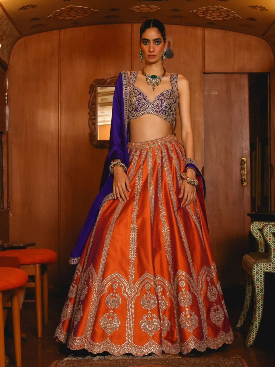 Orange Paisley Sequins Silk Lehenga Choli