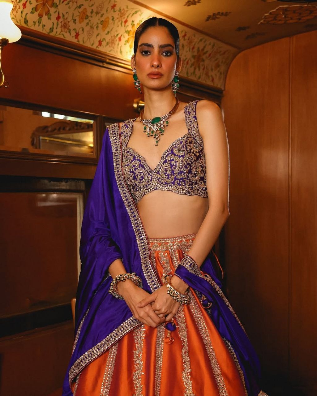 Orange Paisley Sequins Silk Lehenga Choli
