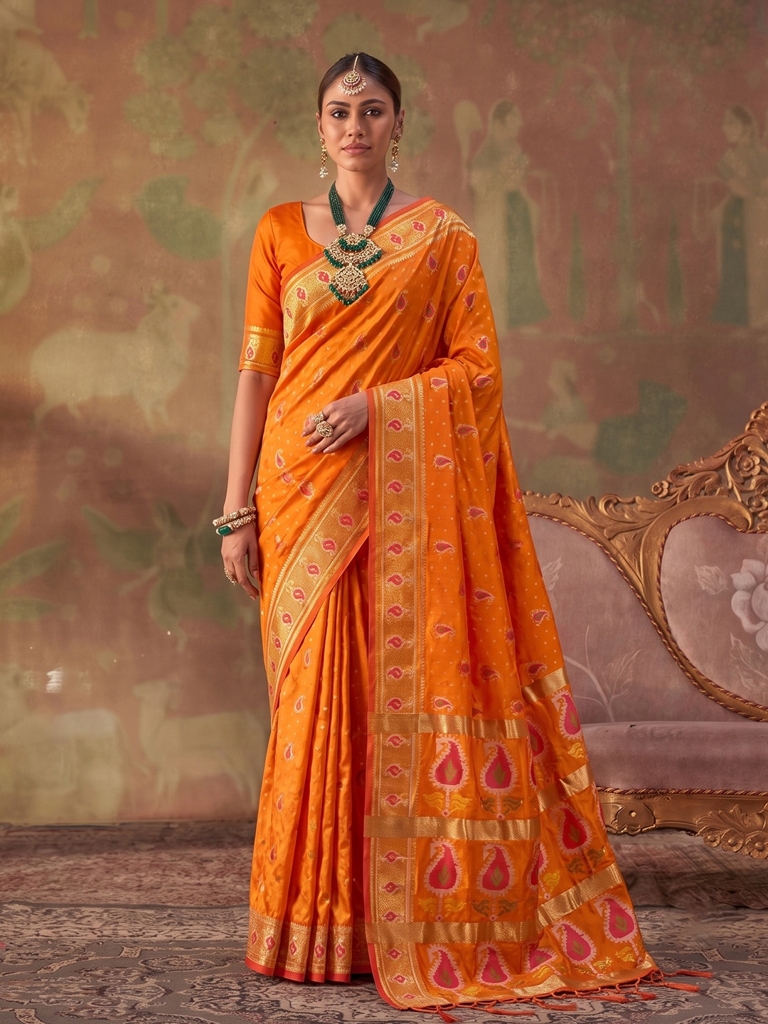 Orange Paisley Woven Soft Silk Saree