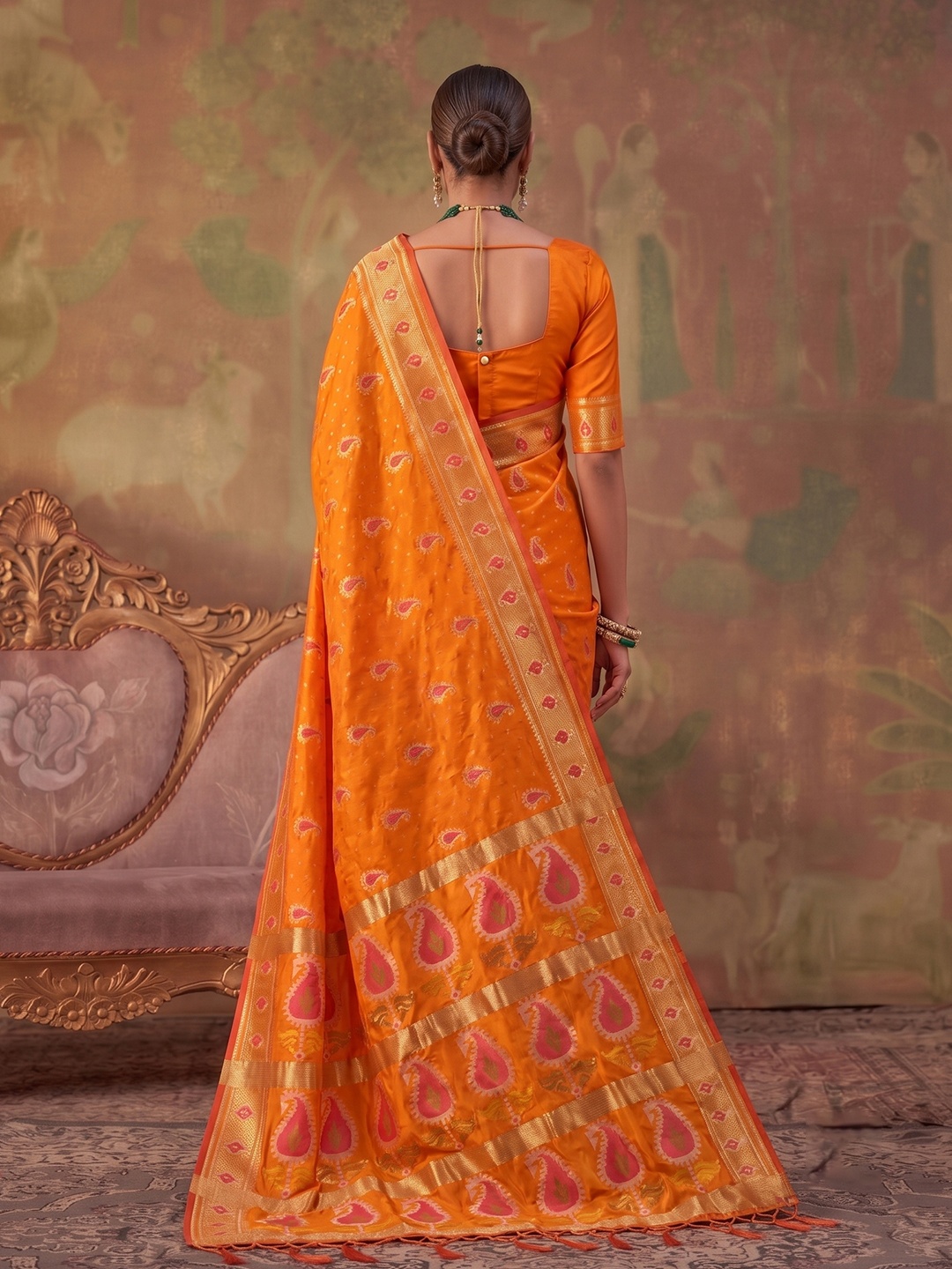 Orange Paisley Woven Soft Silk Saree — alternate view