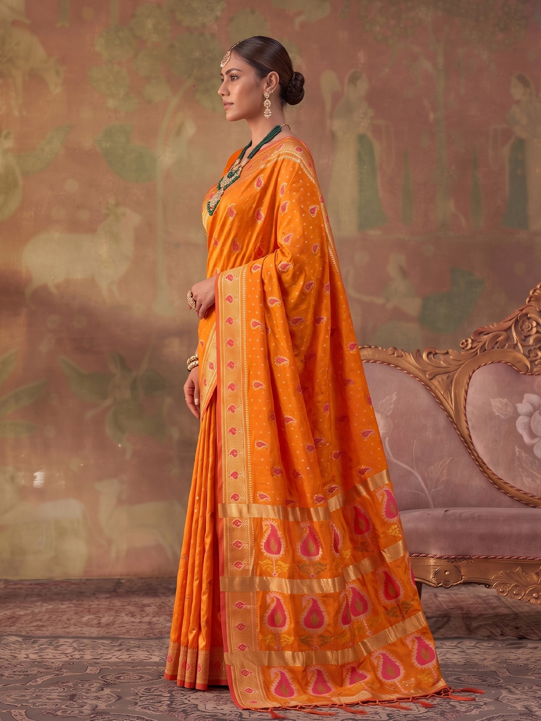 Orange Paisley Woven Soft Silk Saree