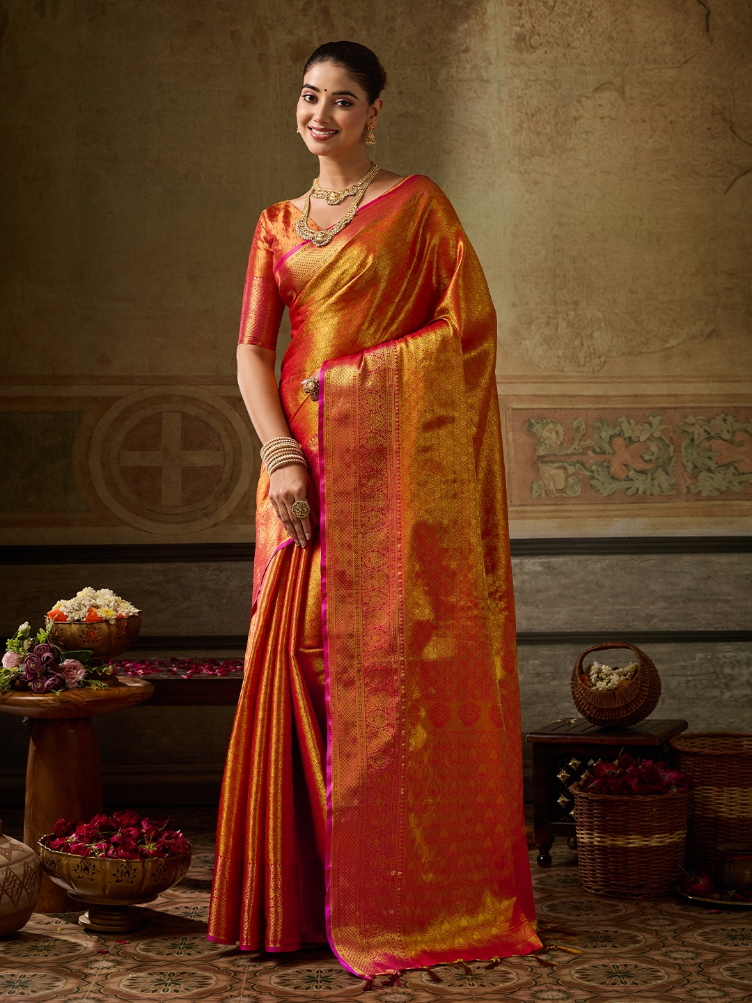 Orange Paisley Zari Work Kanchivaram Silk Saree