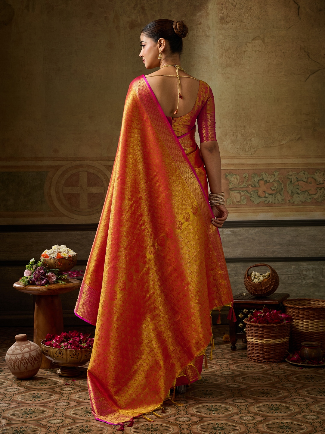 Orange Paisley Zari Work Kanchivaram Silk Saree — alternate view
