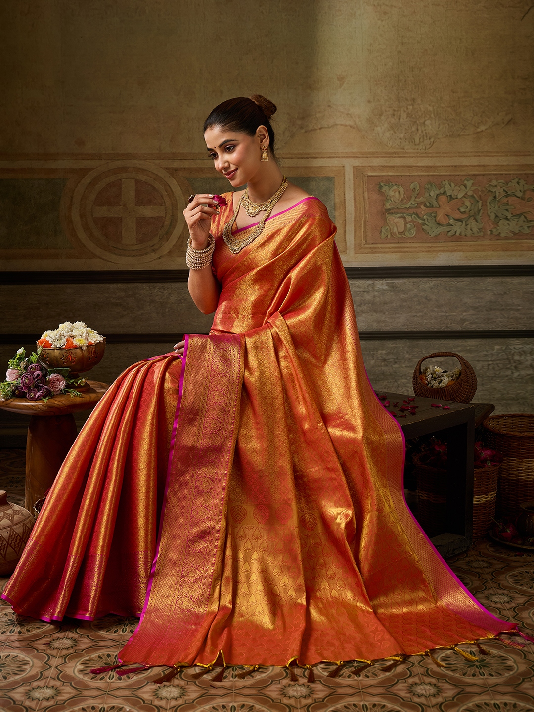Orange Paisley Zari Work Kanchivaram Silk Saree