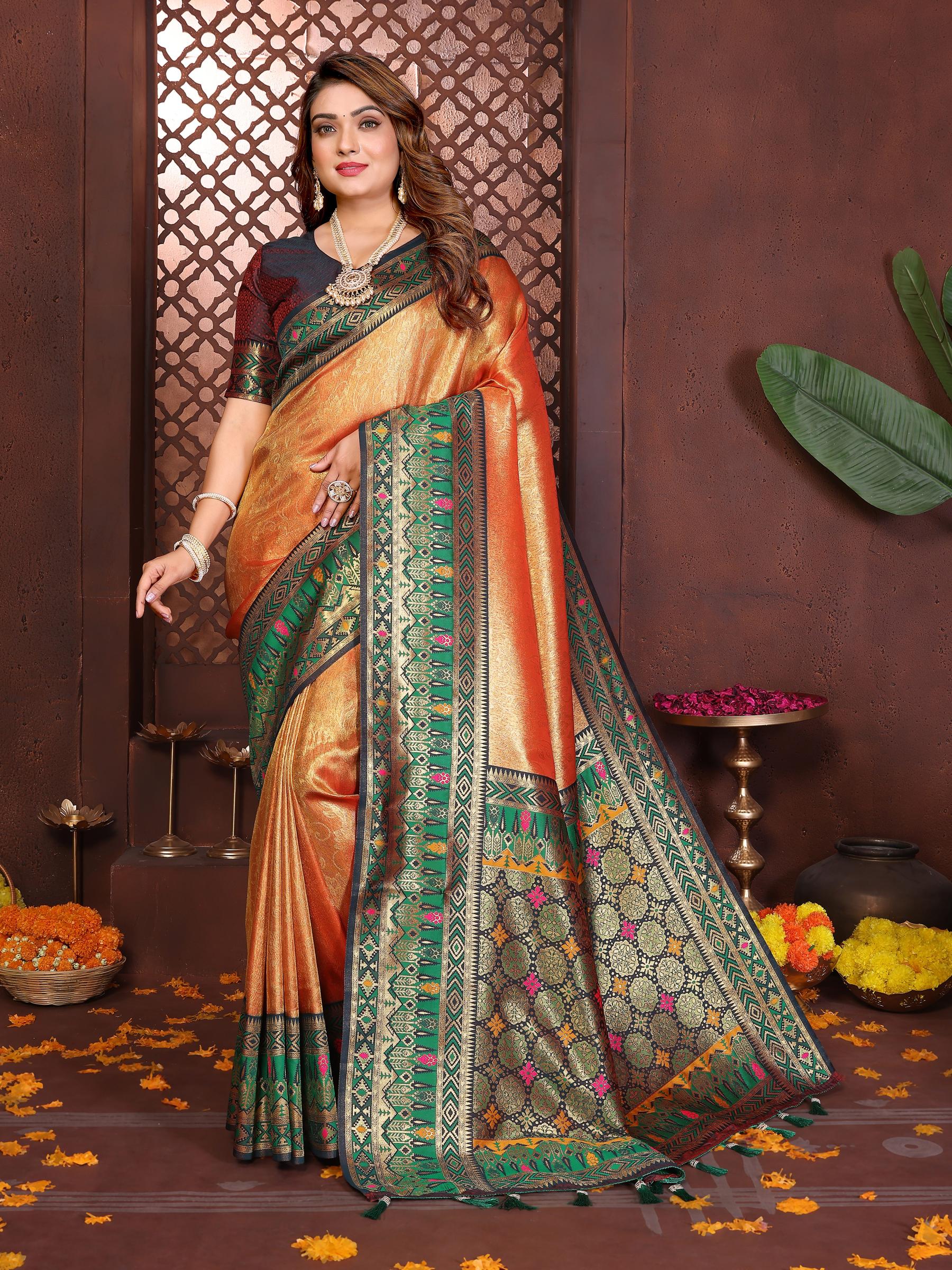Orange Paithani Banarasi Tissue Silk Saree