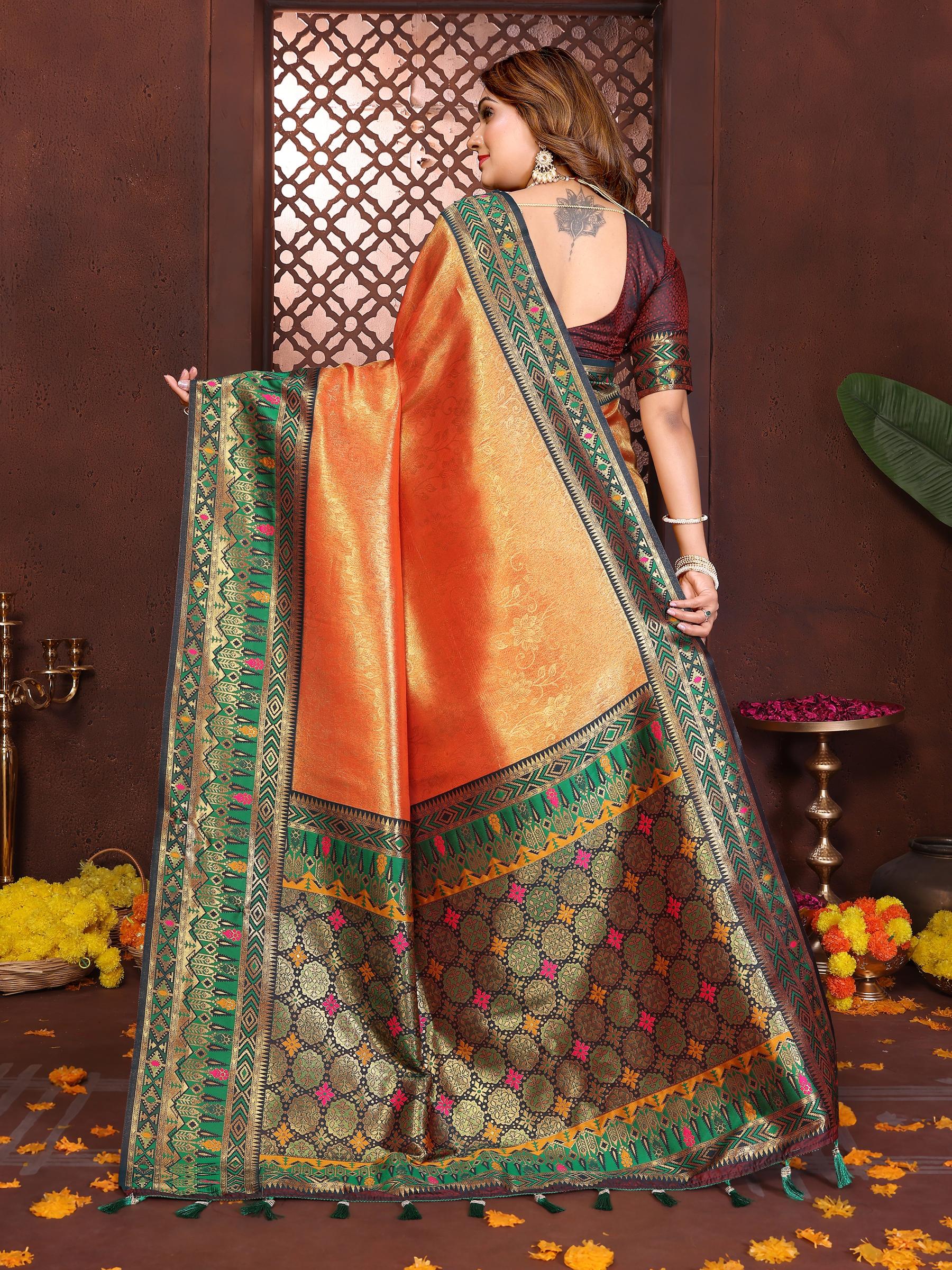 Orange Paithani Banarasi Tissue Silk Saree — alternate view