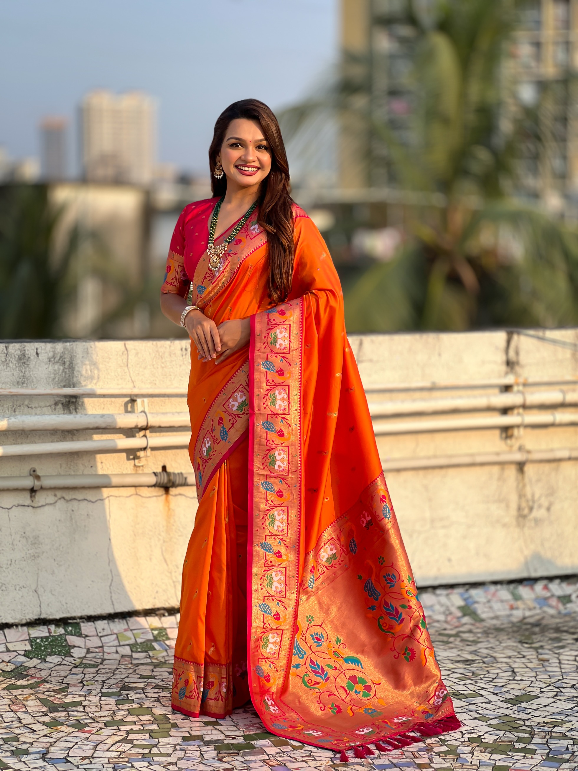 Orange Paithani Silk Saree with Pink Border