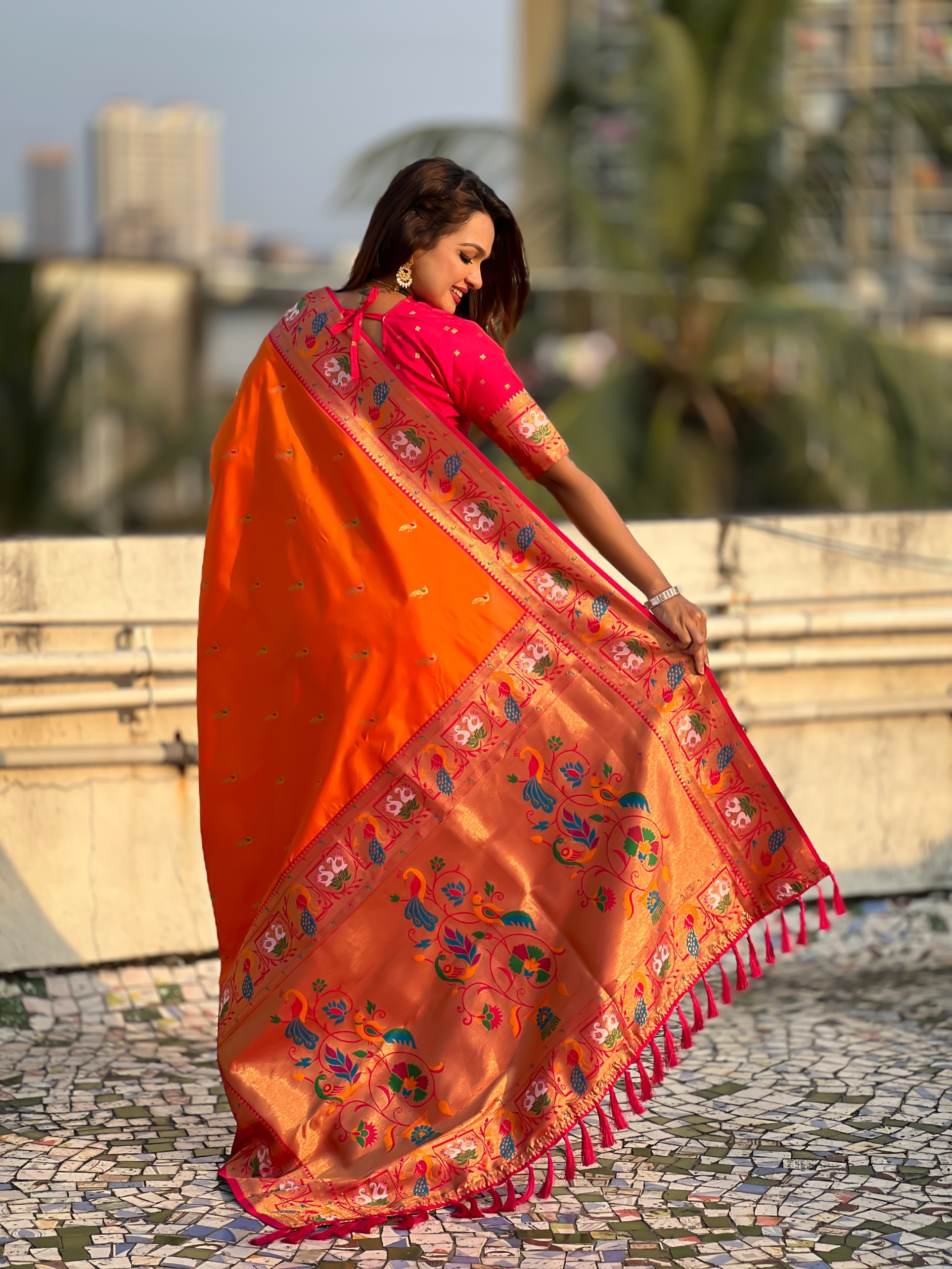 Orange Paithani Silk Saree with Pink Border — alternate view