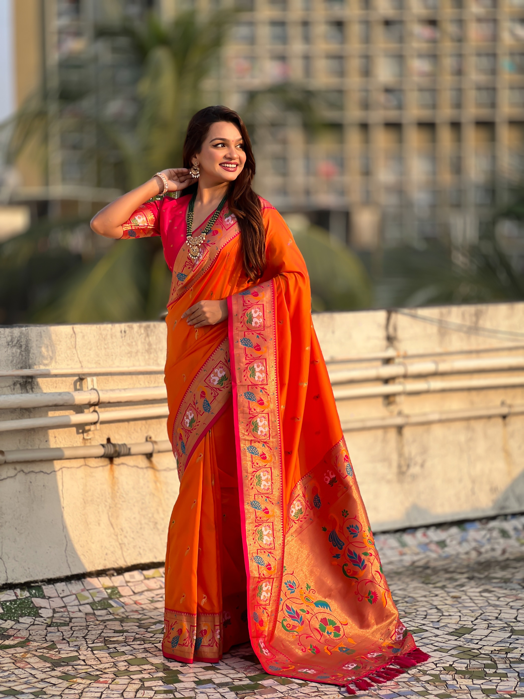 Orange Paithani Silk Saree with Pink Border
