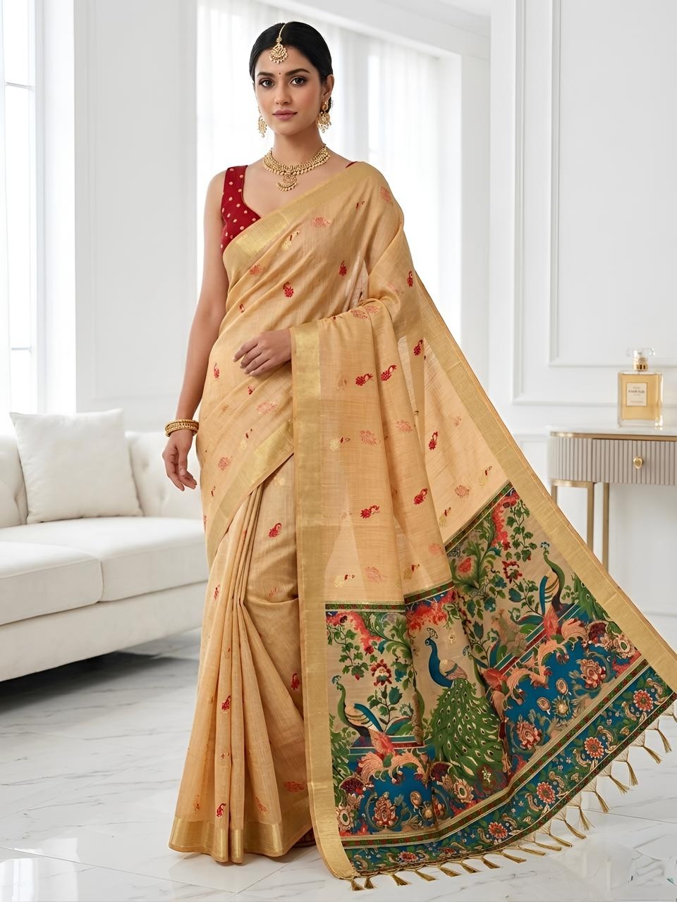 Orange Peacock Kalamkari Woven Cotton Silk Saree