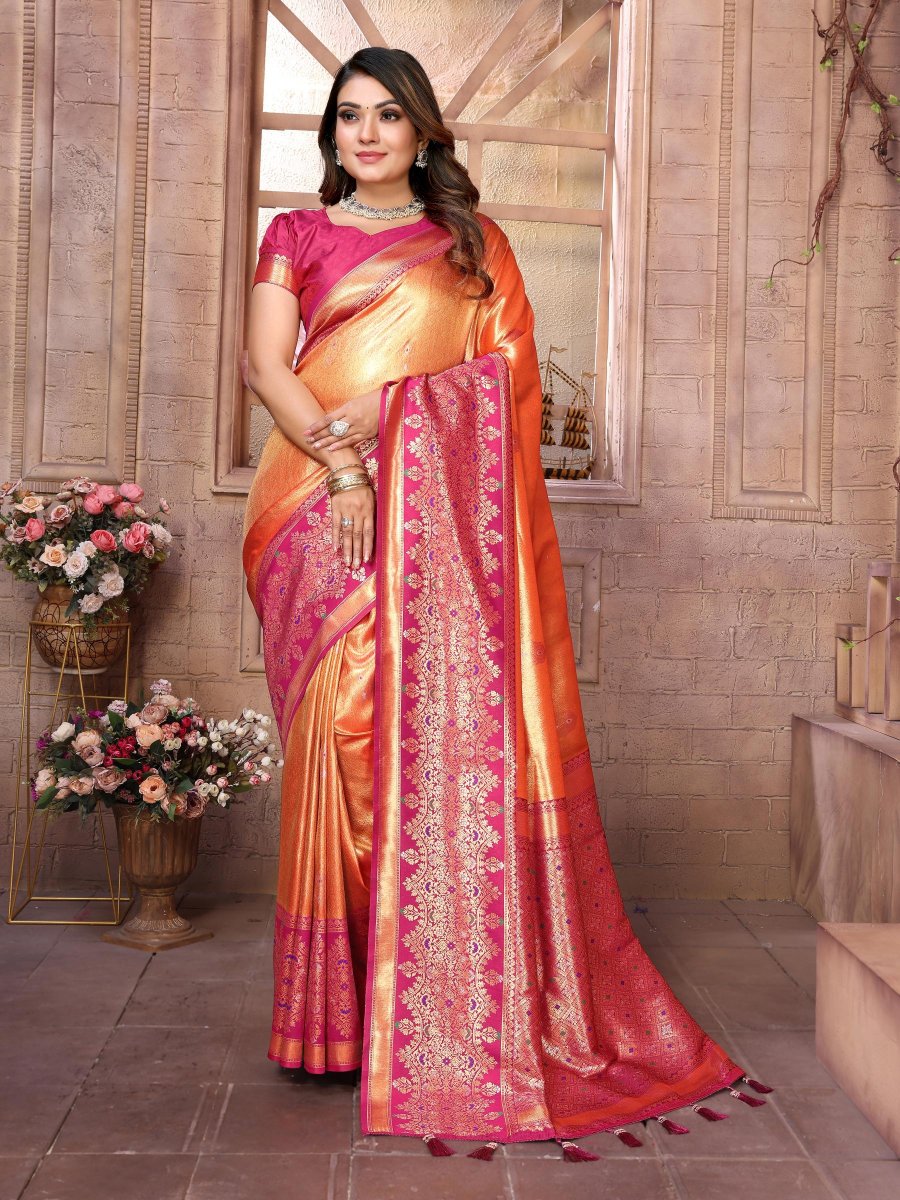 Orange Pink Banarasi Tissue Silk Saree