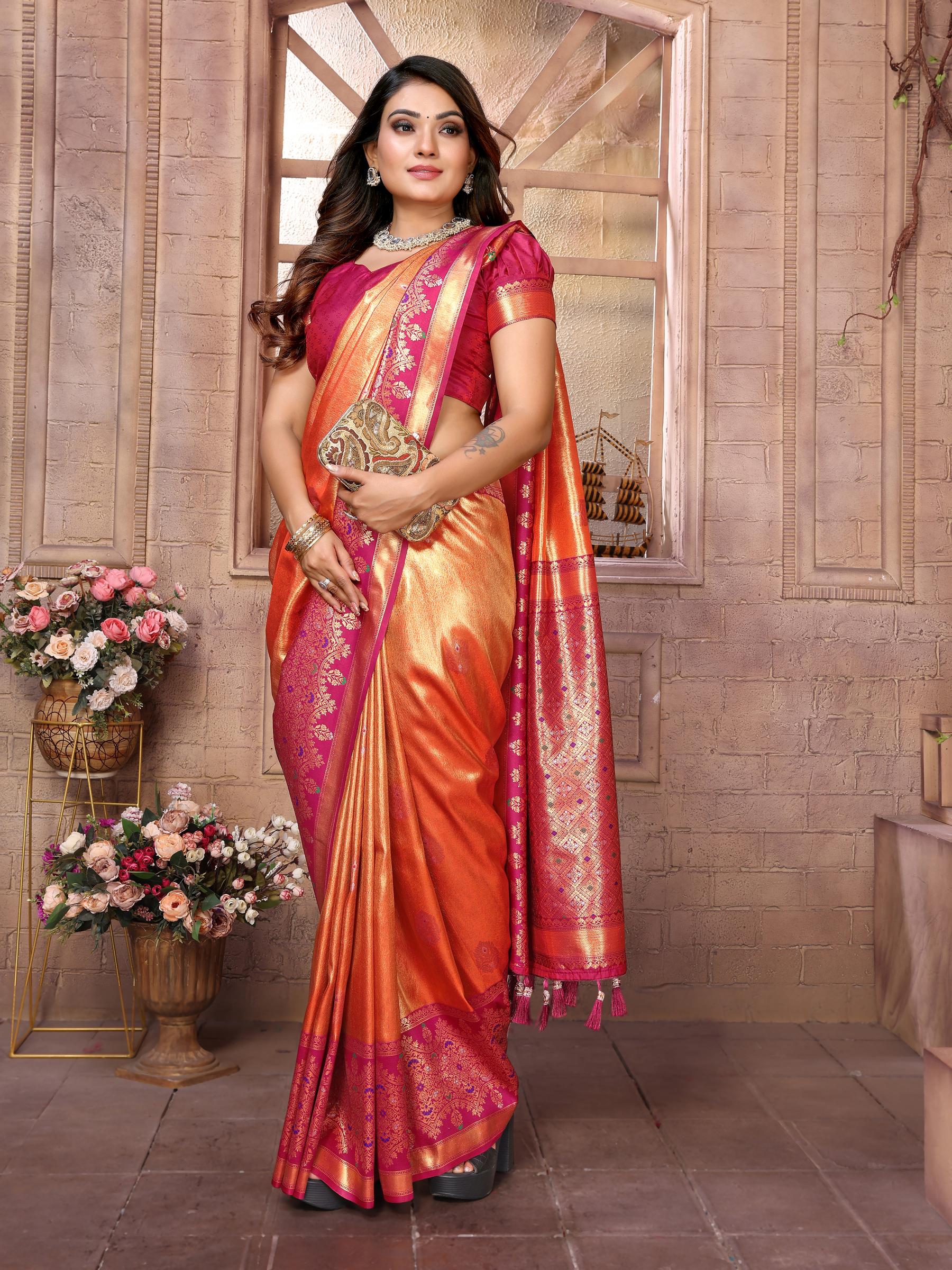 Orange Pink Banarasi Tissue Silk Saree