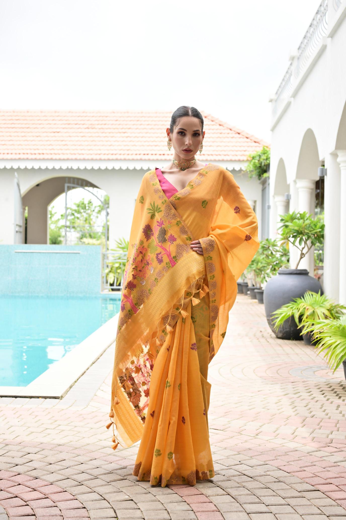 Orange Pink Chanderi Cotton Floral Saree
