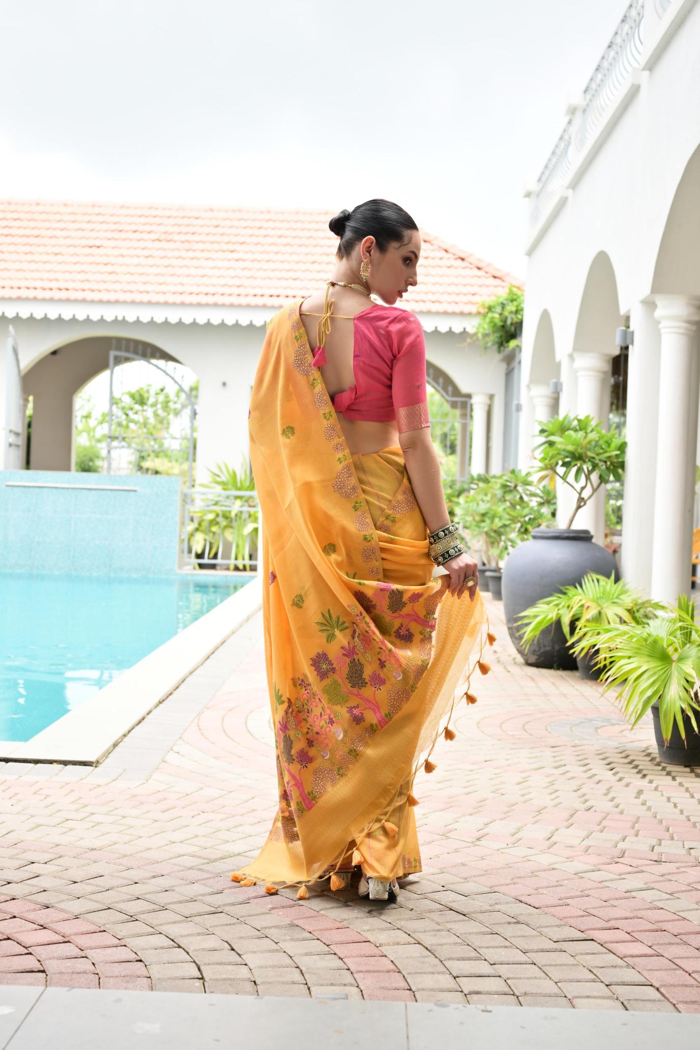Orange Pink Chanderi Cotton Floral Saree — alternate view