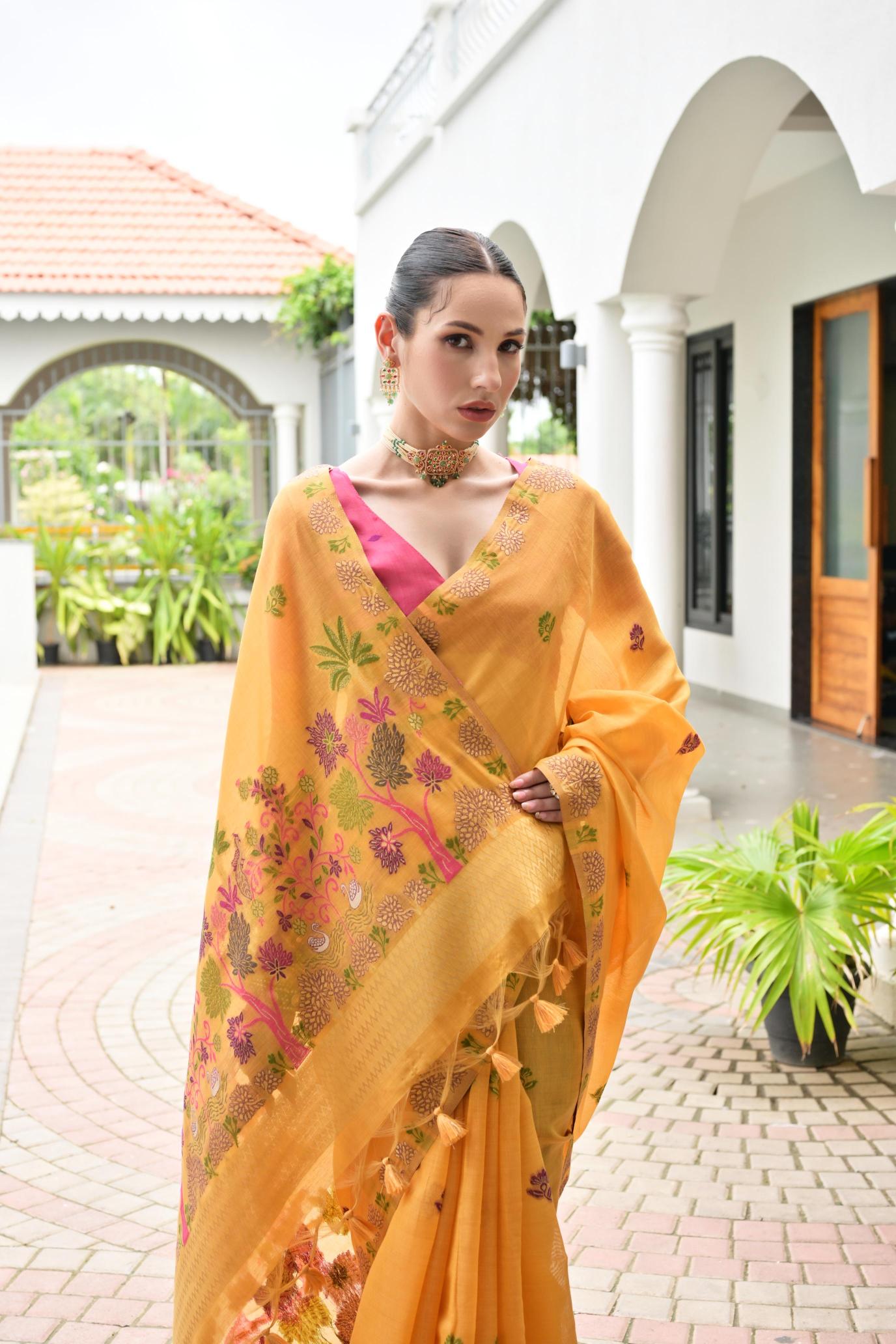 Orange Pink Chanderi Cotton Floral Saree