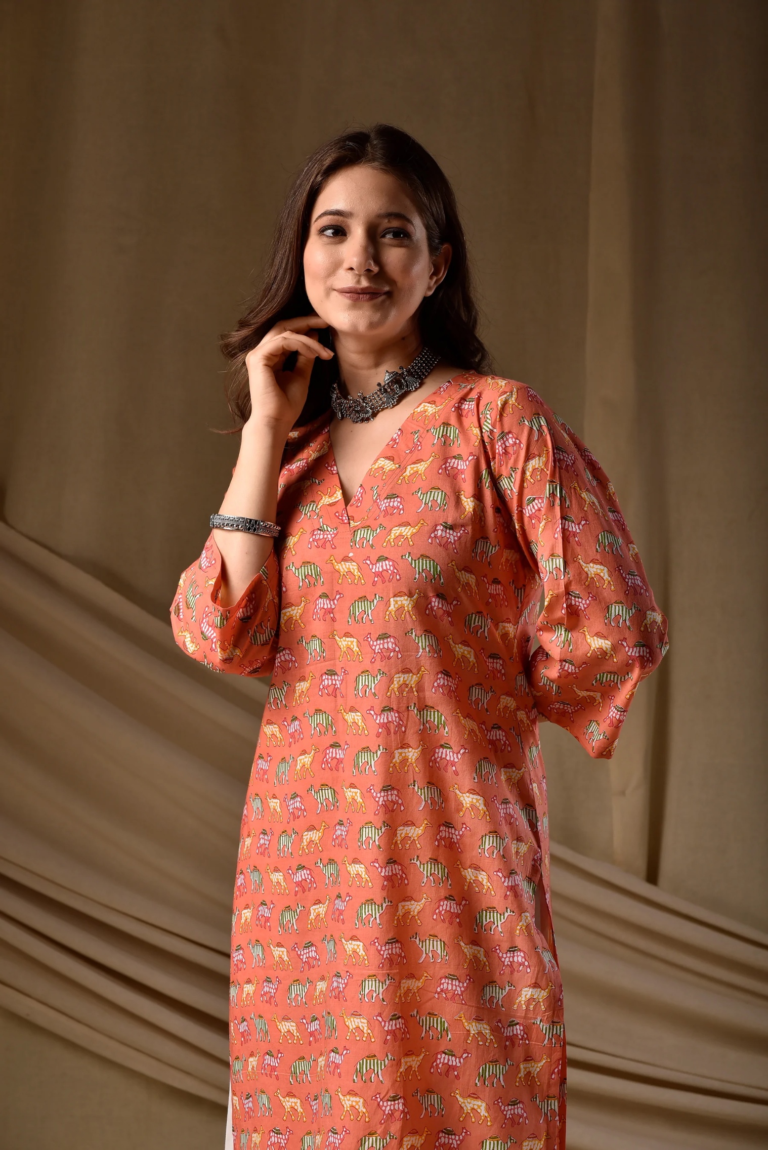 Orange Printed Rayon Straight Kurti — alternate view