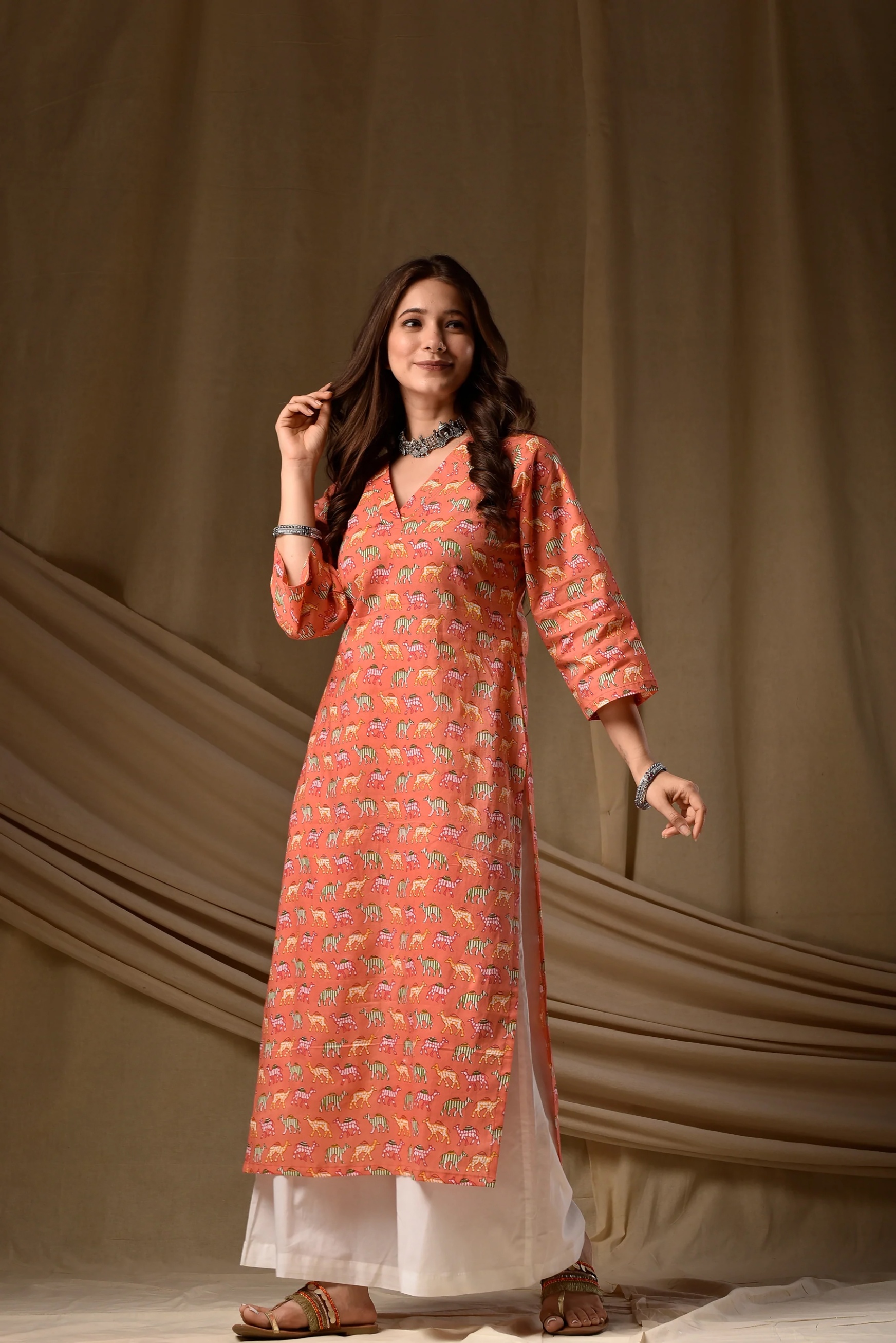 Orange Printed Rayon Straight Kurti