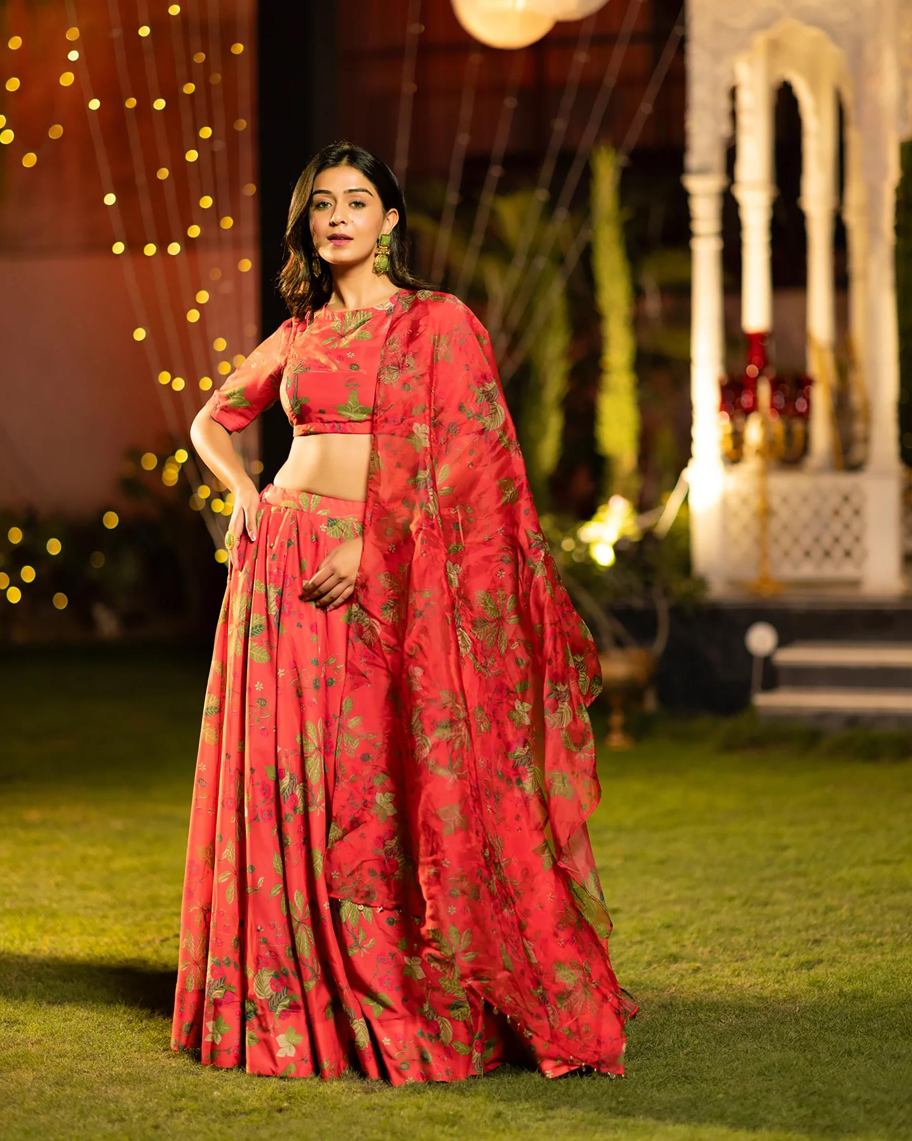 Orange Printed Readymade Lehenga