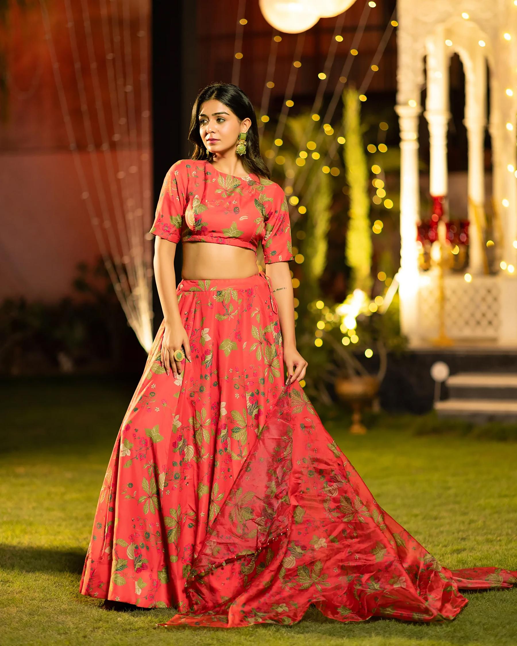 Orange Printed Readymade Lehenga