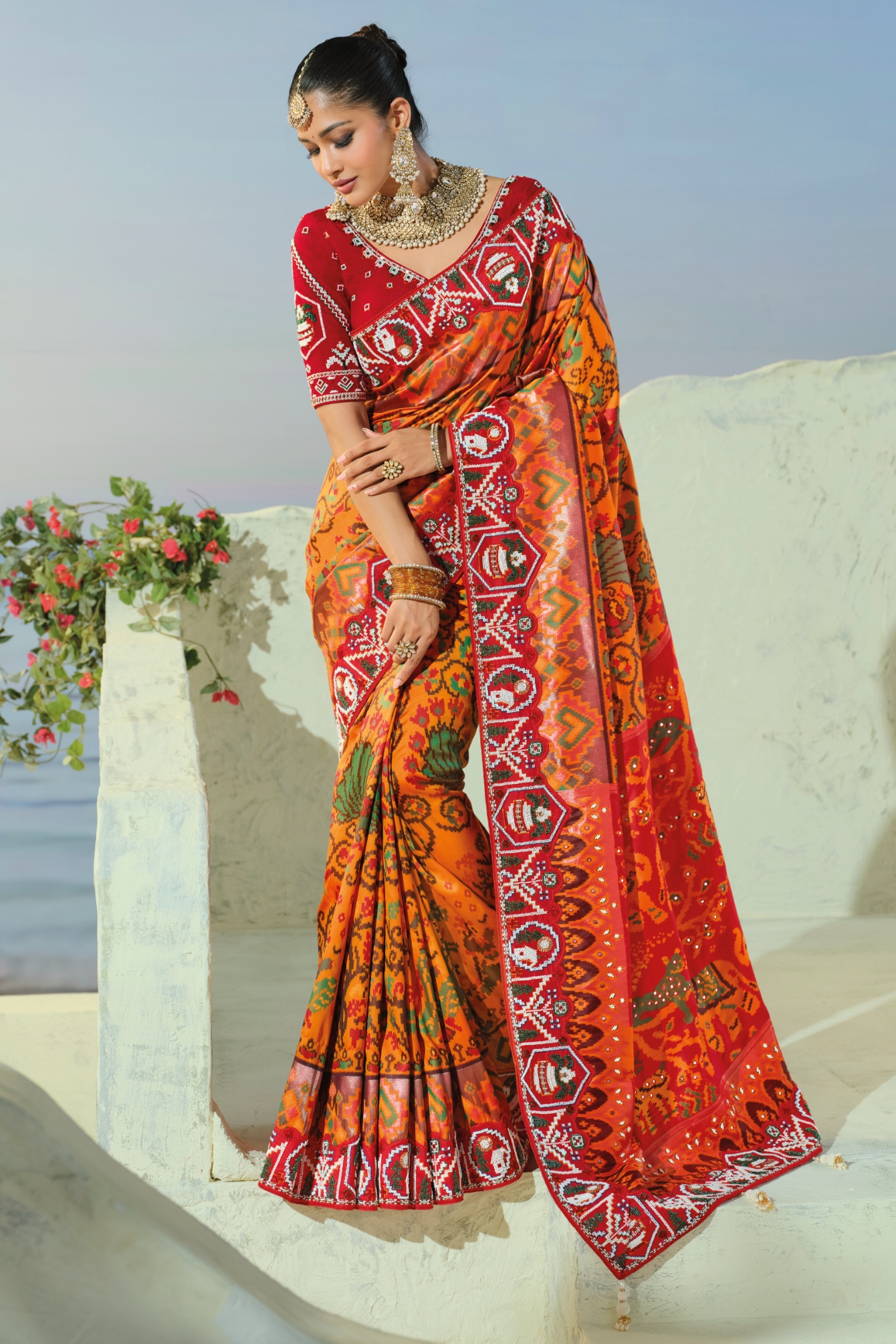 Orange Red Patola Moti Pure Patan Saree