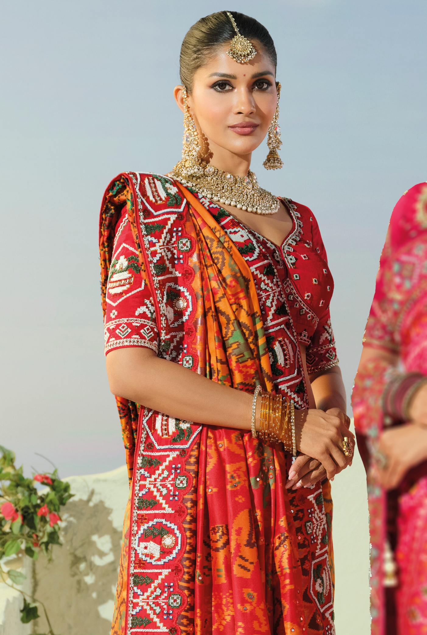 Orange Red Patola Moti Pure Patan Saree — alternate view