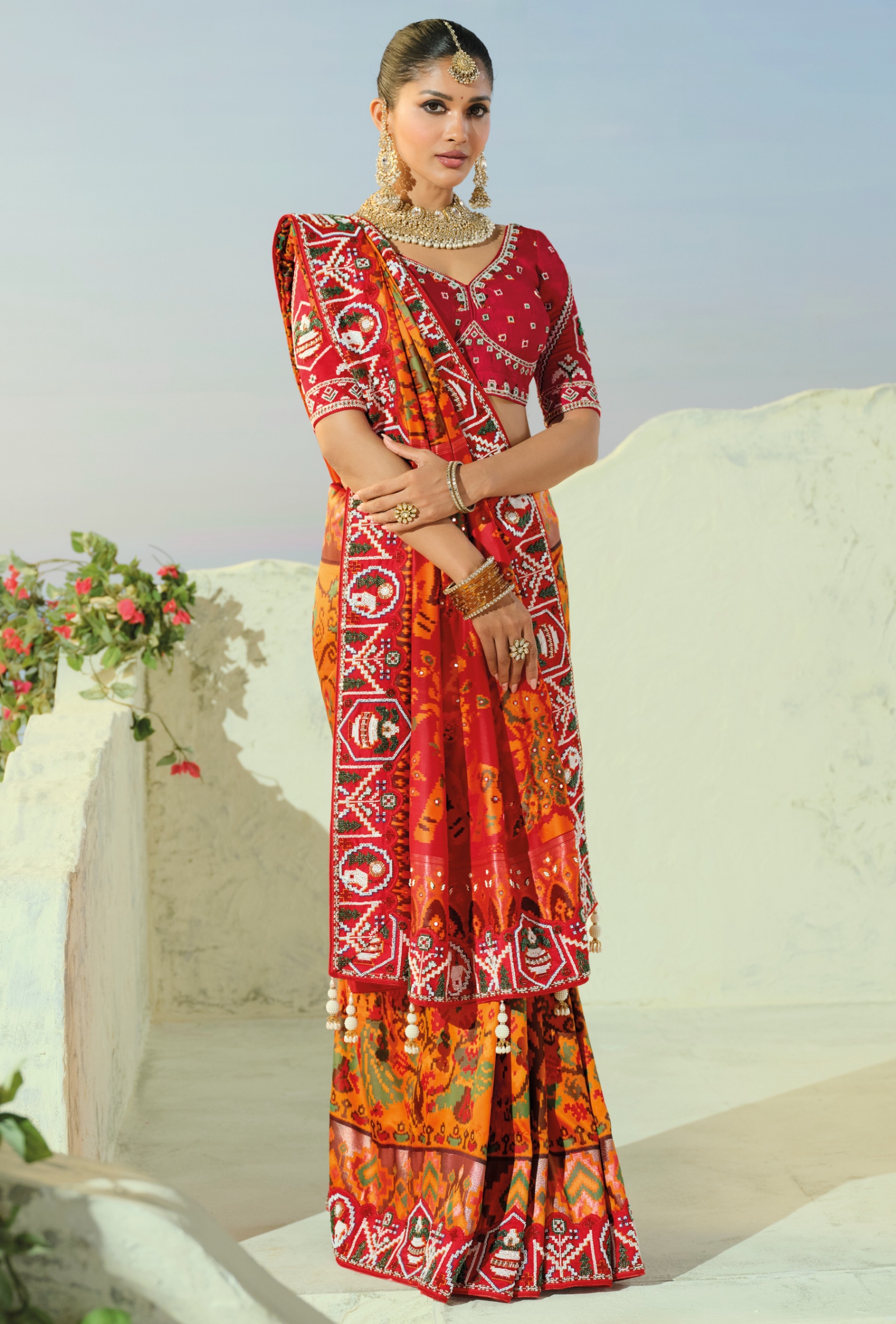 Orange Red Patola Moti Pure Patan Saree