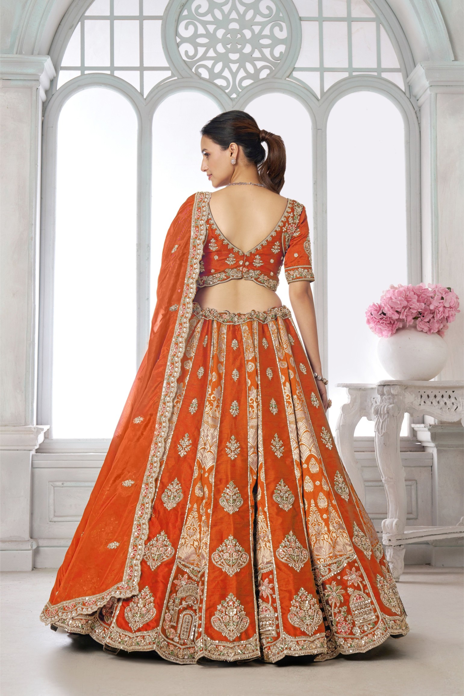 Orange Regal Embroidery Silk Panelled Lehenga Choli — alternate view